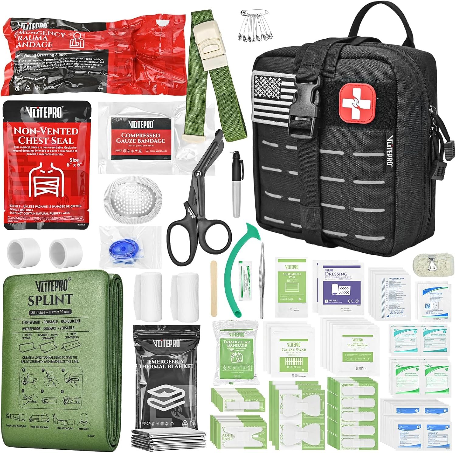 Advanced Trauma First Aid Kit – Emergency Camping Gear with Tourniquet Kit, Compression Bandage, 36″ Splint | Portable Survival Gear for Outdoor, Home, Camping- Gift for Husband Dad and Wife-Black