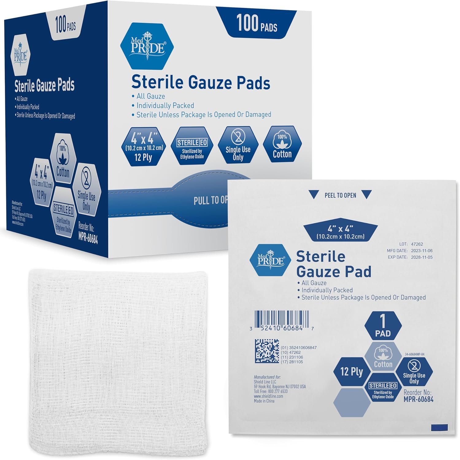 MED PRIDE Sterile Gauze Dressing Pads Individually Wrapped, Nonstick 12-Ply Cotton, Highly Absorbent for Wound Care (4×4 Inch (Pack of 100))