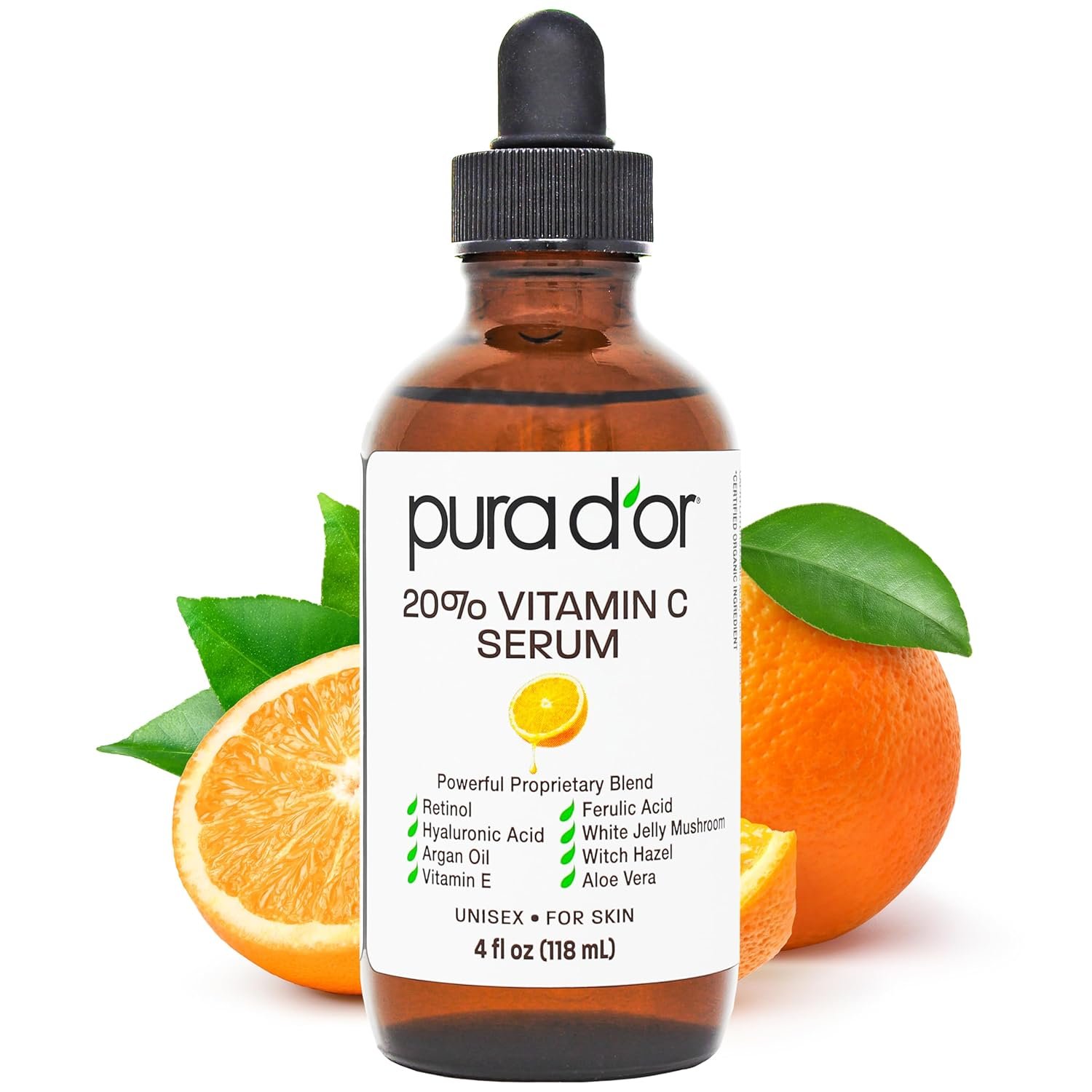PURA D’OR 20% Vitamin C Facial Serum 4 Oz – Antioxidant Blend with Retinol, Hyaluronic Acid, Vitamin E & Ferulic Acid – Hydrating Lightweight Skincare Formula – Men and Women Daily Use Skin Care Plus