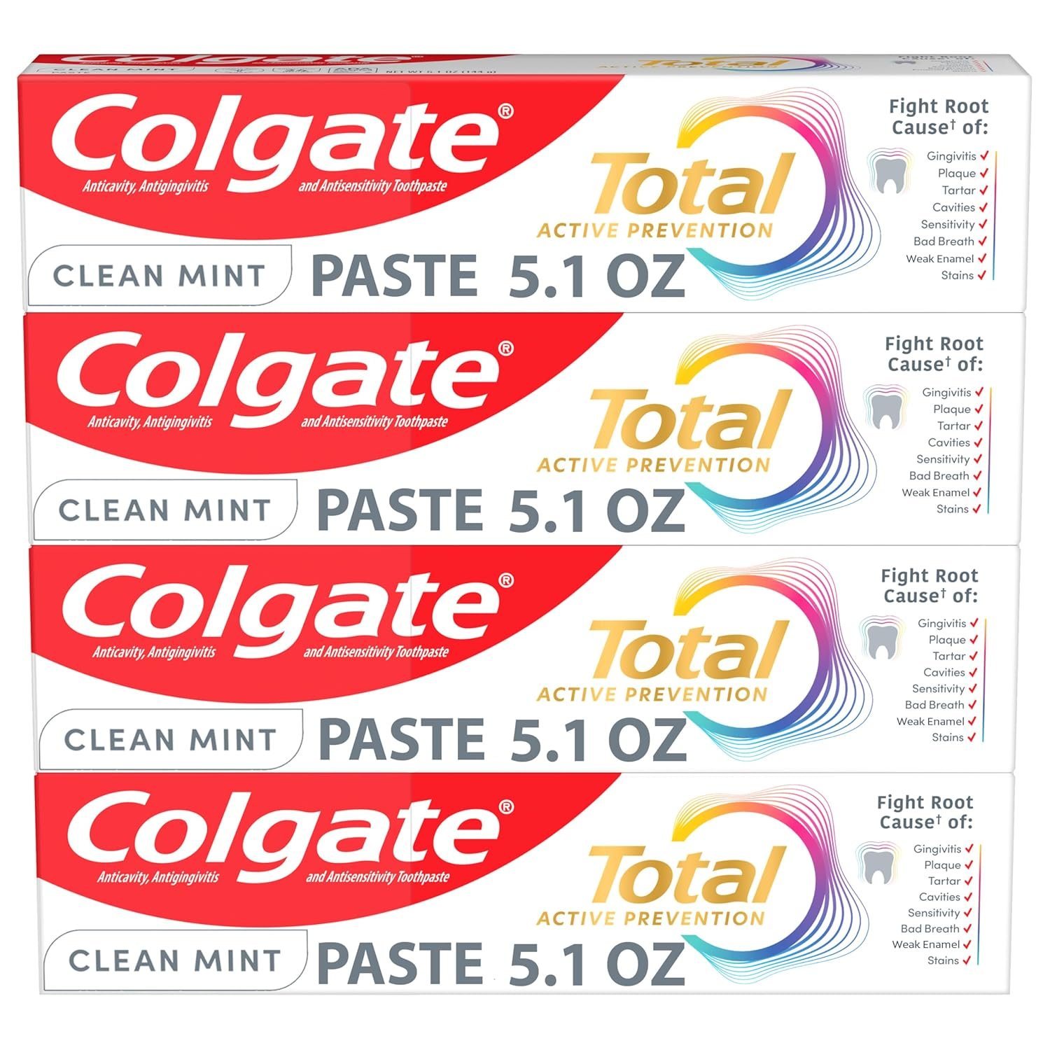Colgate Total Active Prevention Clean Mint Toothpaste, Anticavity Fluoride Toothpaste, Clinically Proven Formula That Fights Plaque Bacteria, Mint, 4 Pack, 5.1 oz