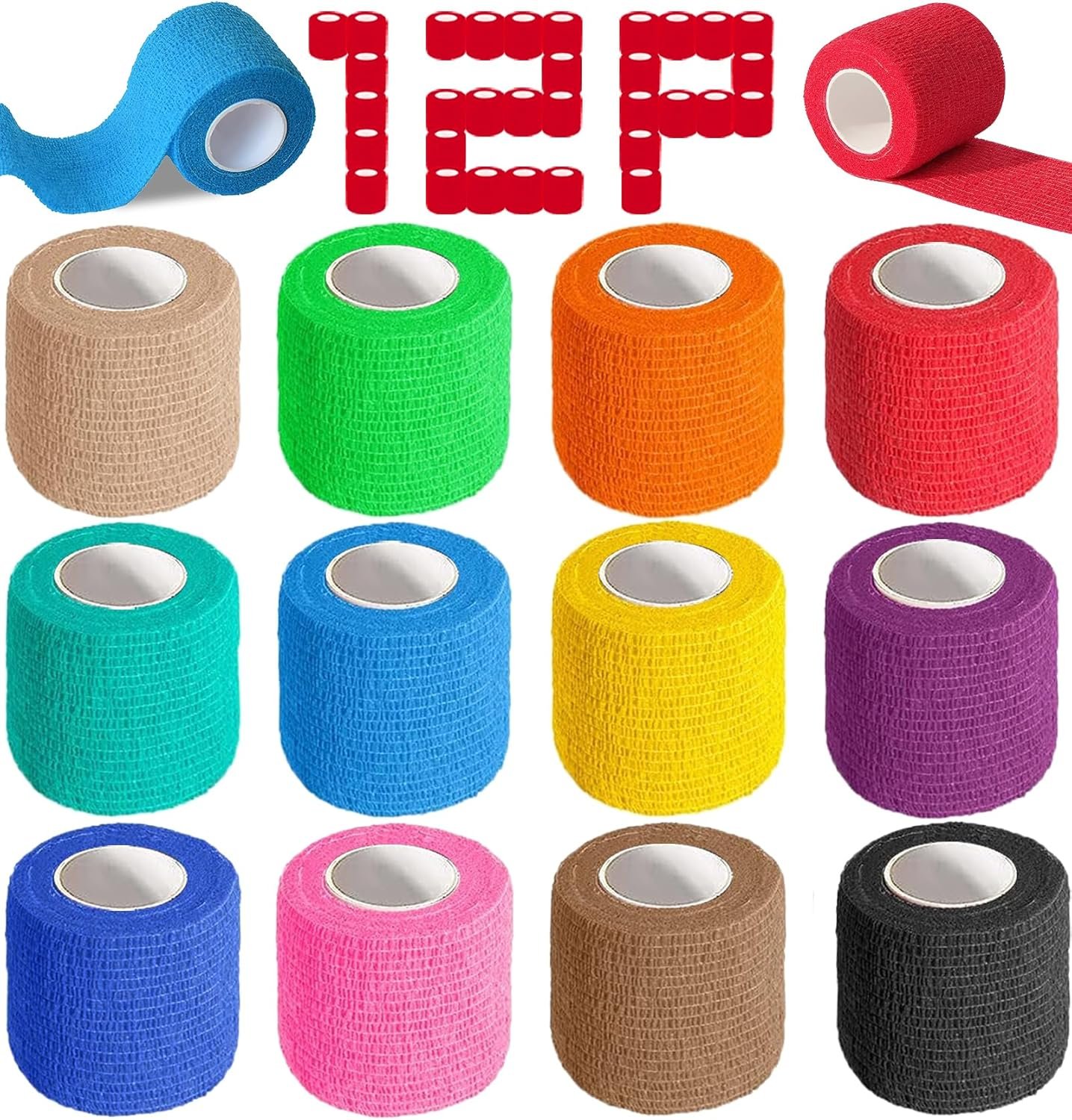 12 Pack Self Adhesive Bandage Wrap, 2″ X 5 Yards Color Vet Wrap, Ankle Tape, Elastic Cohesive Bandage Wrap, Athletic Tape
