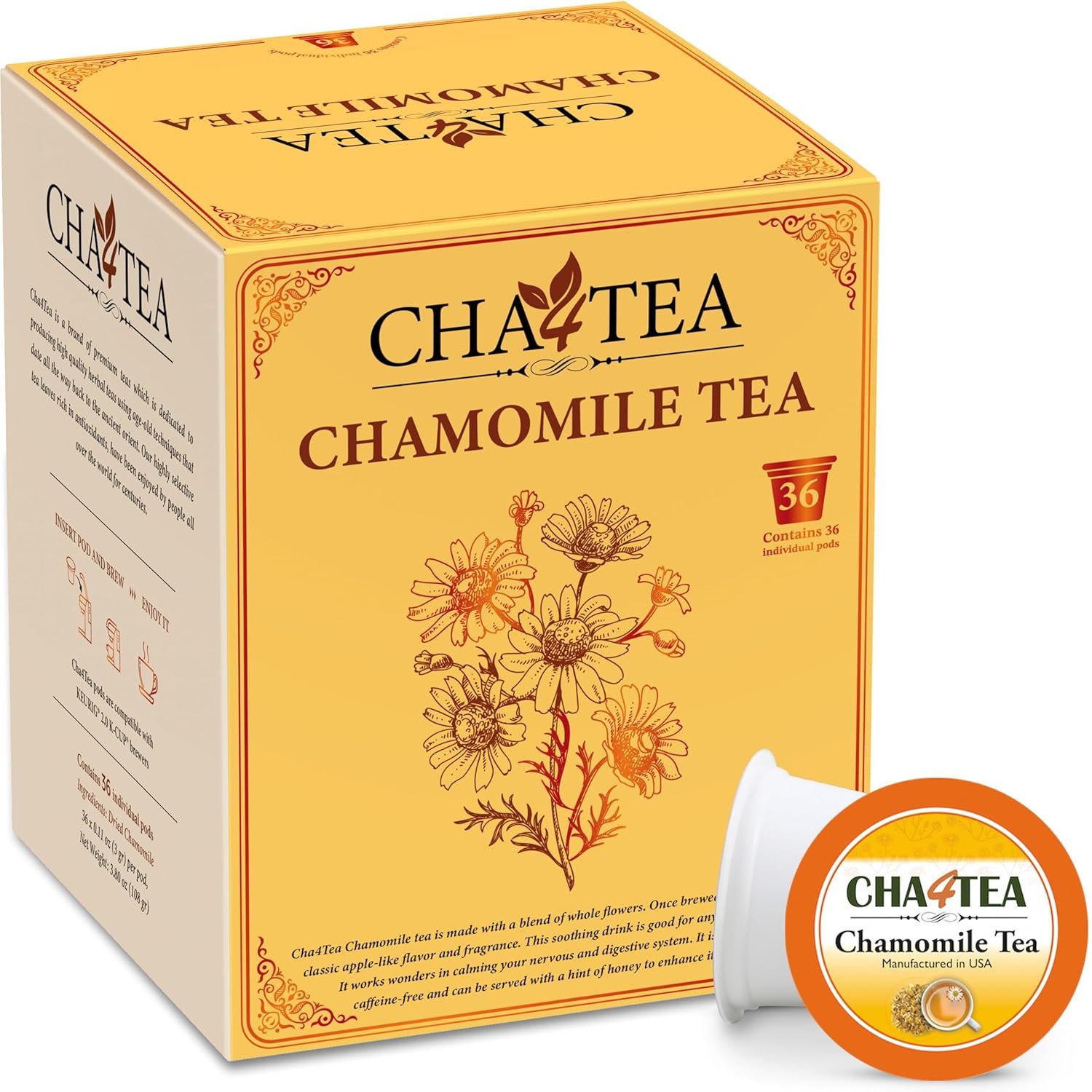 Cha4Tea 36-Count Pure Chamomile Herbal Tea Pods Compatible with Keurig Brewers – Bedtime/Sleep-well/Nightly Calm/Relaxing Tea