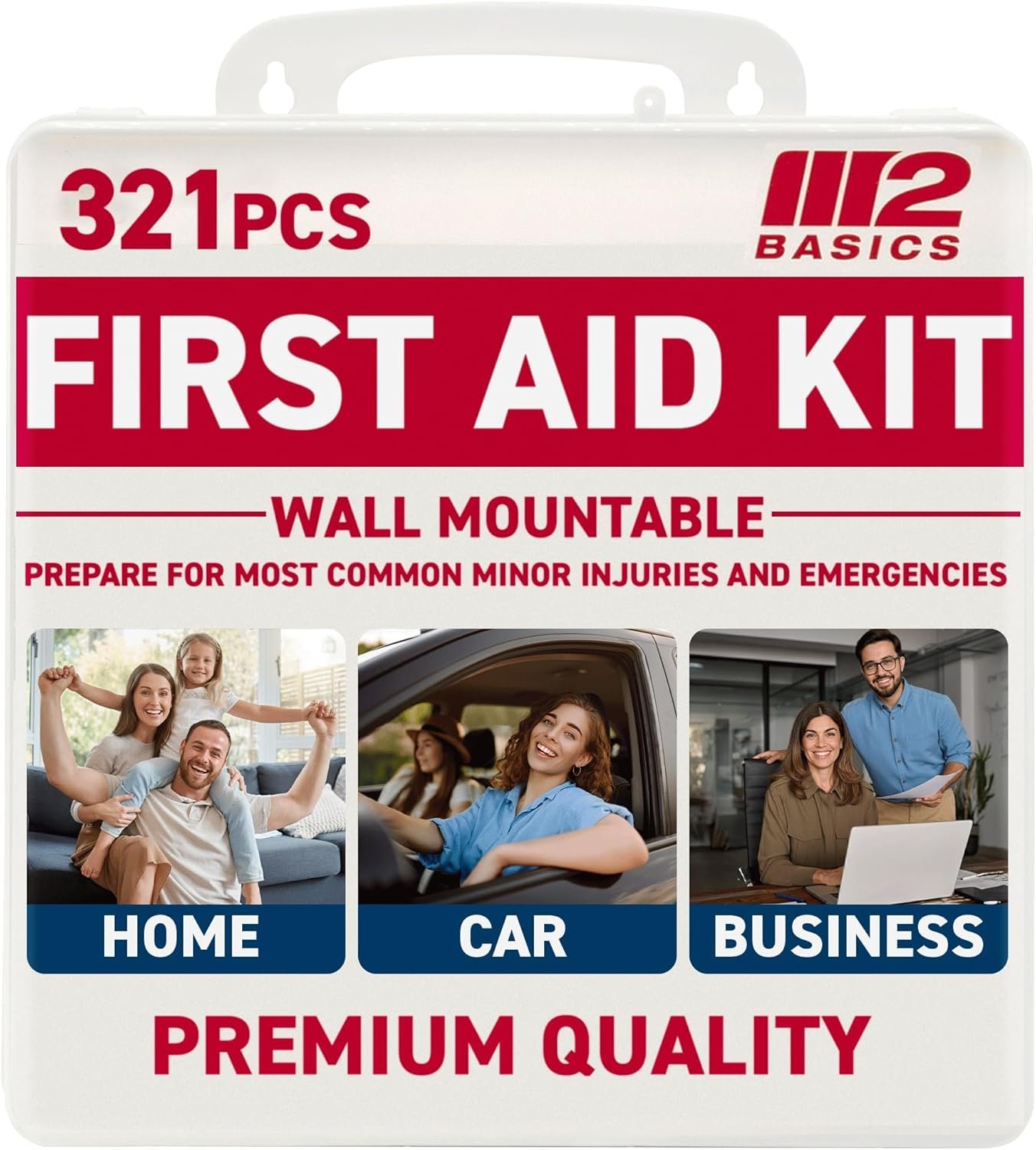 M2 BASICS Premium First Aid Kit, 321 Pieces, All Purpose Kit with Hard Case for Home, Car, Business, School, Office & Vehicle