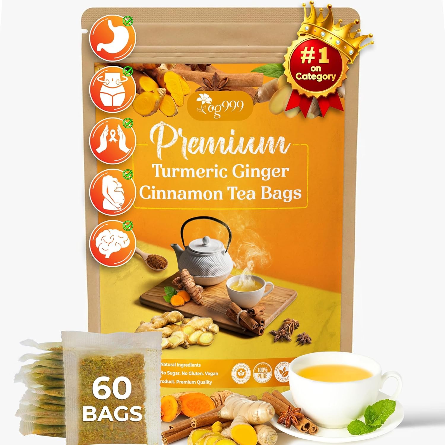 TOG999, 60 Bags Premium Turmeric Ginger Cinnamon Tea, Improve Digestion, Support Brain, Weight, Skin and Sleep, Eco-Conscious Tea Bags and Premium Natural Ingredients. Turmeric Ginger Herbal Tea. No Sugar, No Caffeine, No Gluten, Vegan.