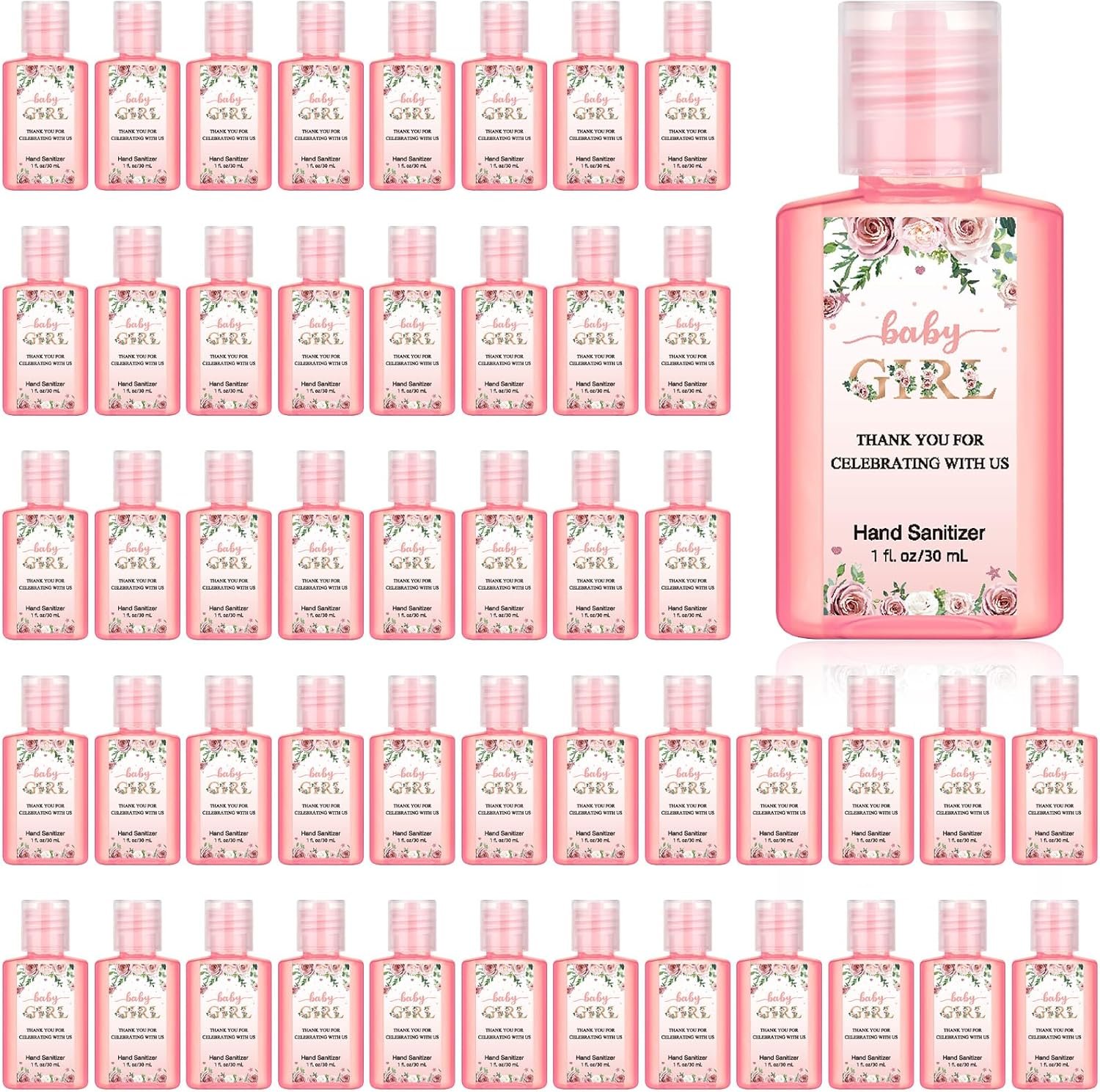 Gejoy 48 Pack Baby Shower Mini Hand Sanitizers Bulk Travel Size Hand Sanitizers Gifts for Baby Girl Shower Gender Reveal Party Favors
