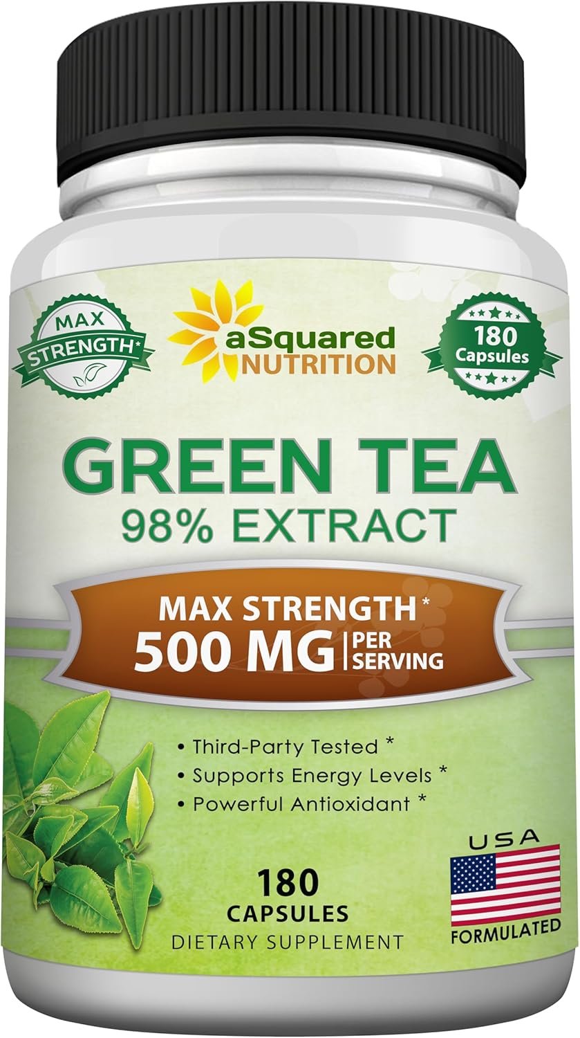 aSquared Nutrition Green Tea Extract with EGCG – 180 Capsules – 500mg per Capsule – 75% Polyphenols, 45% EGCG – Antioxidant Support, Heart Health, Natural Detox – Low Caffeine Supplement