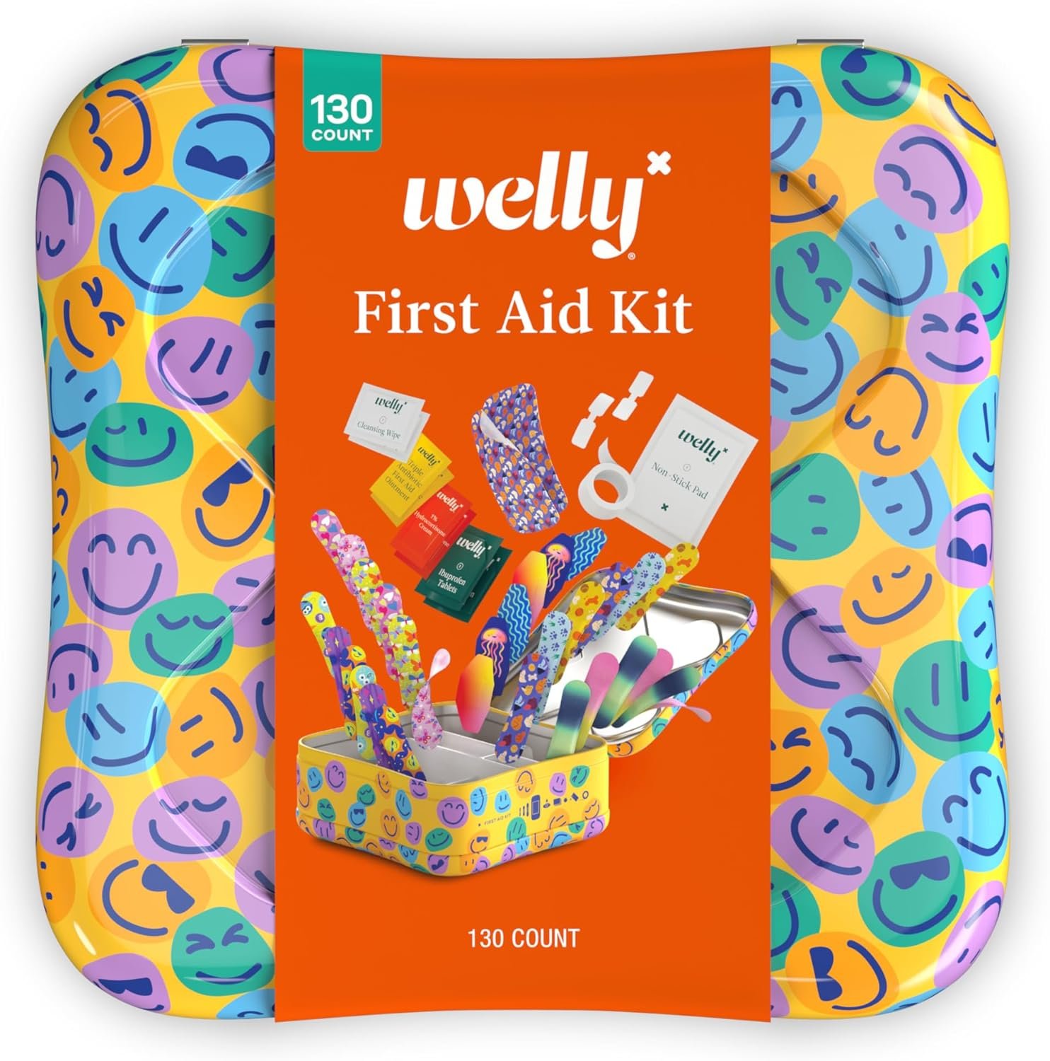 Welly First Aid Kit – Adhesive Flexible Fabric and Waterproof Bandages, Tape and Non-Stick Pads, Butterfly Strips, Single Use Ointments Triple Antibiotic and Hydrocortisone, and Ibuprofen – 130 Count