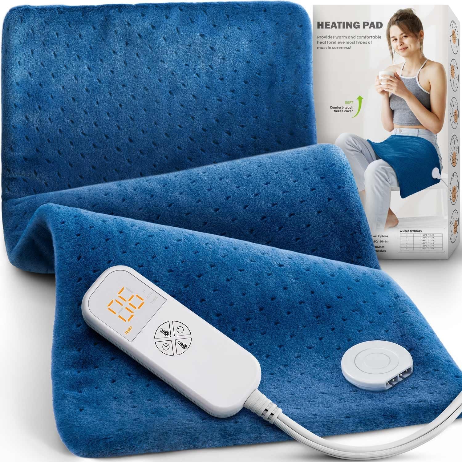 Electric Heating Pad for Back Pain & Cramps – Gifts for Women, Men, Mom, Dad, Christmas, Mothers Day, Fathers Day – Soft Machine Wash Fabric, Auto Shut Off, Moist Heat for Neck, Shoulder, 12″x24″ Blue