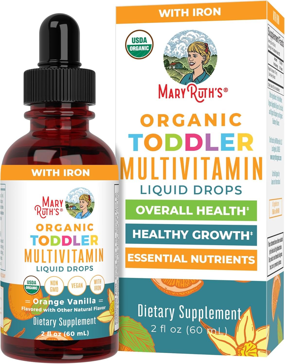MaryRuth Organics Multivitamin & Multimineral with Iron for Toddlers | USDA Organic | Sugar Free | Multivitamin Liquid Drops for Kids Ages 1-3 | Immune Support | Vegan | Non-GMO | 2 Fl Oz
