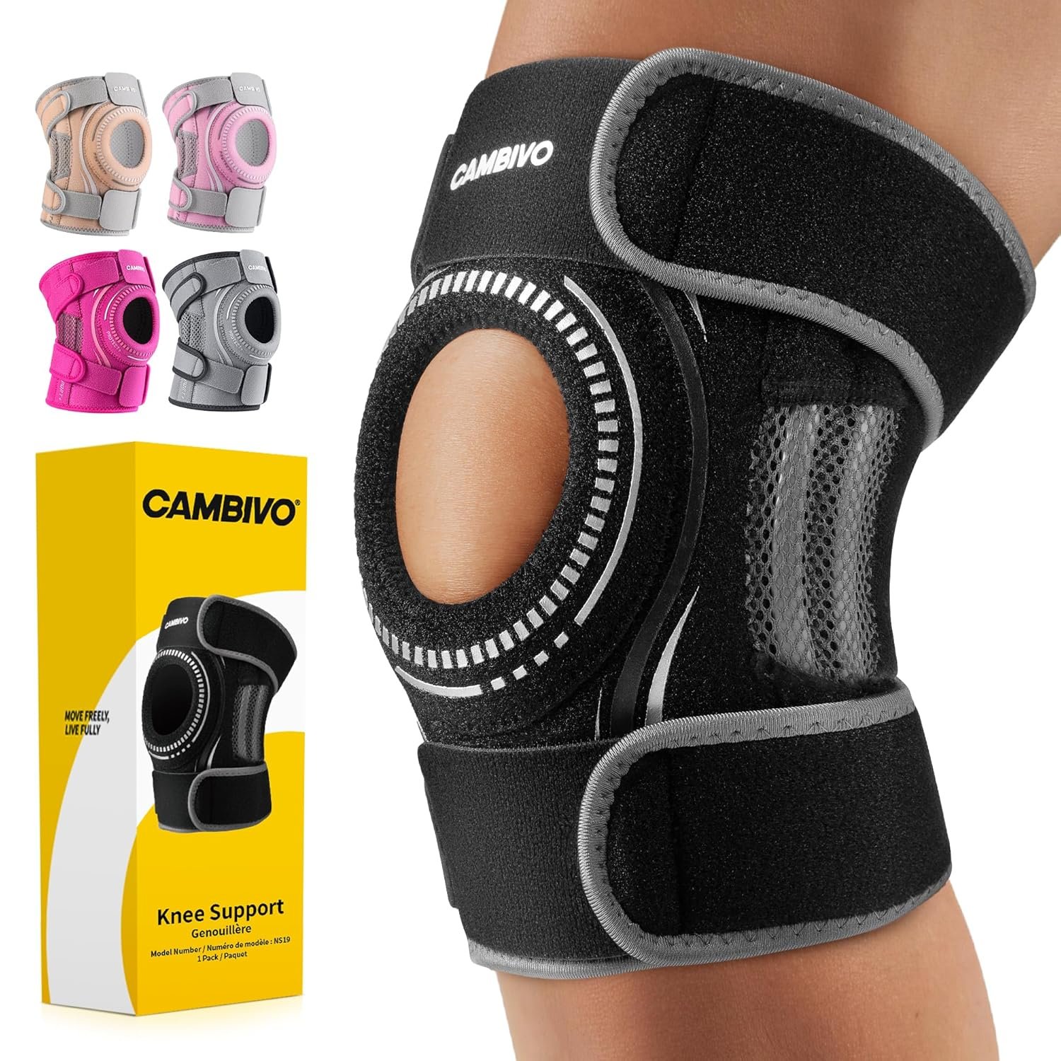 CAMBIVO ELITE Knee Brace for Women & Men with Side Stabilizers, Patella Gel Pads Brace for Meniscus Tear for Maximum Knee Pain Support (Black, Large)