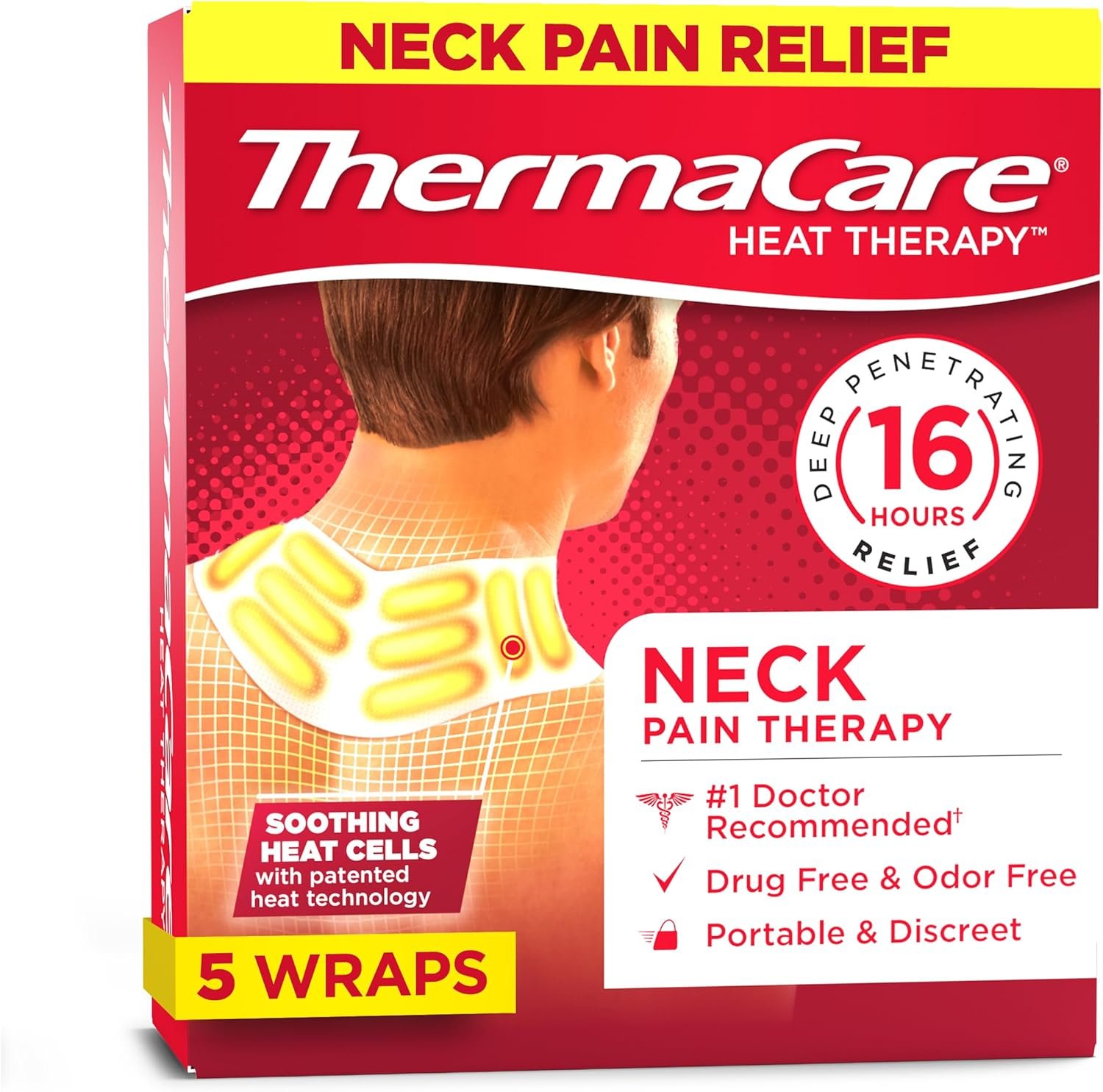 ThermaCare Neck & Shoulder Heat Wraps – Pain Relief Heating Pads for Stiff Muscles & Aches – 16-Hour Drug-Free Therapy – Portable & Discreet – 5-Count