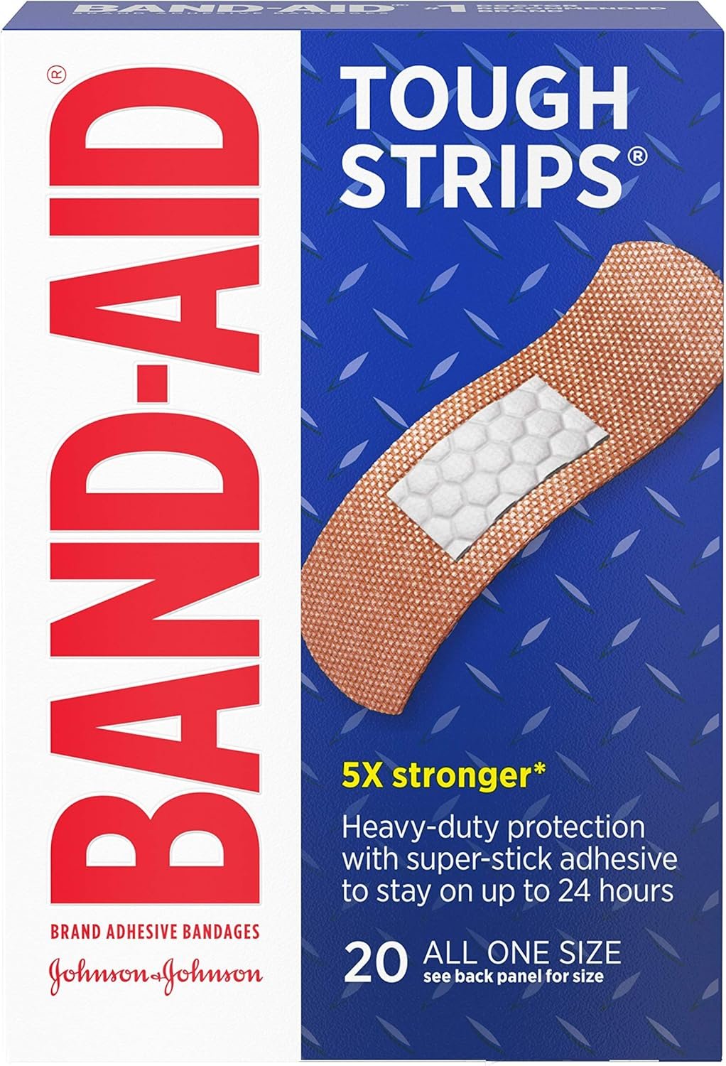 Band-Aid Brand Tough Strips Adhesive Bandages for First Aid & Wound Care, Durable Protection for Minor Cuts, Scrapes & Burns, Heavy-Duty Fabric Bandages, Sterile, All One Size, 20 ct