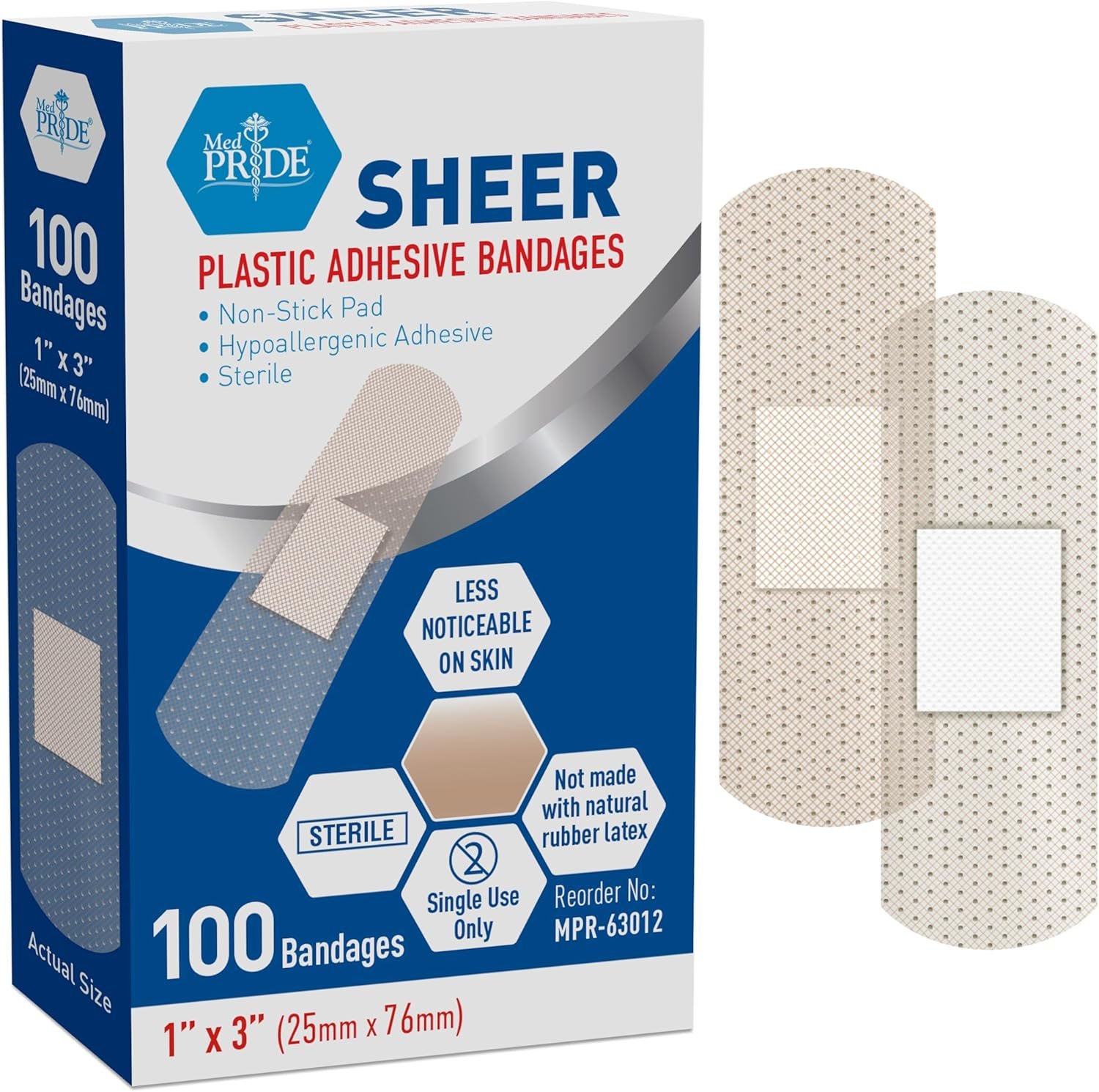 MED PRIDE Sheer Bandages Non Latex for Sensitive Skin, Sterile Plastic Strips with Nonstick Pad, Hypoallergenic Adhesive, 100 Pieces (1” x 3”)
