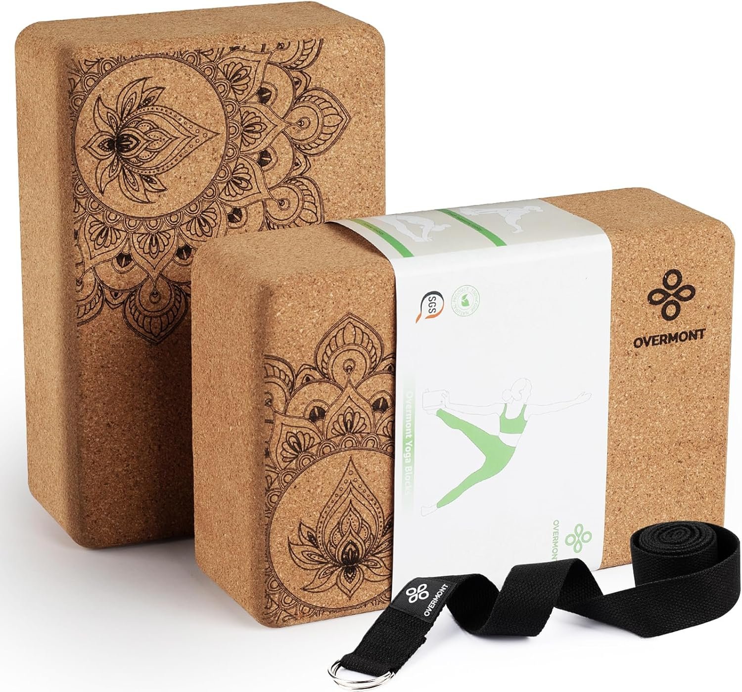 Overmont Cork Yoga Blocks 2 pack with 8ft Strap Natural Cork Bricks- High Density & Eco Friendly Yoga Accessories for Women – Ideal for Yoga Pilates General Fitness and Stretching 9x6x3”