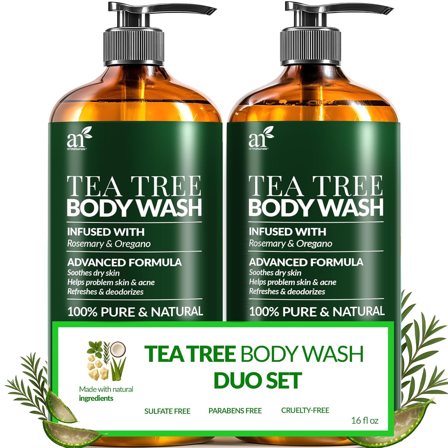 Artnaturals Antibacterial Tea Tree Oil Body Wash For Men & Women Remedy Soap Extra Strength – Helps Treat Acne, Athletes foot, Eczema, Toenail Fungus & Jock Itch & Ringworm (16 Fl Oz (Pack of 2)