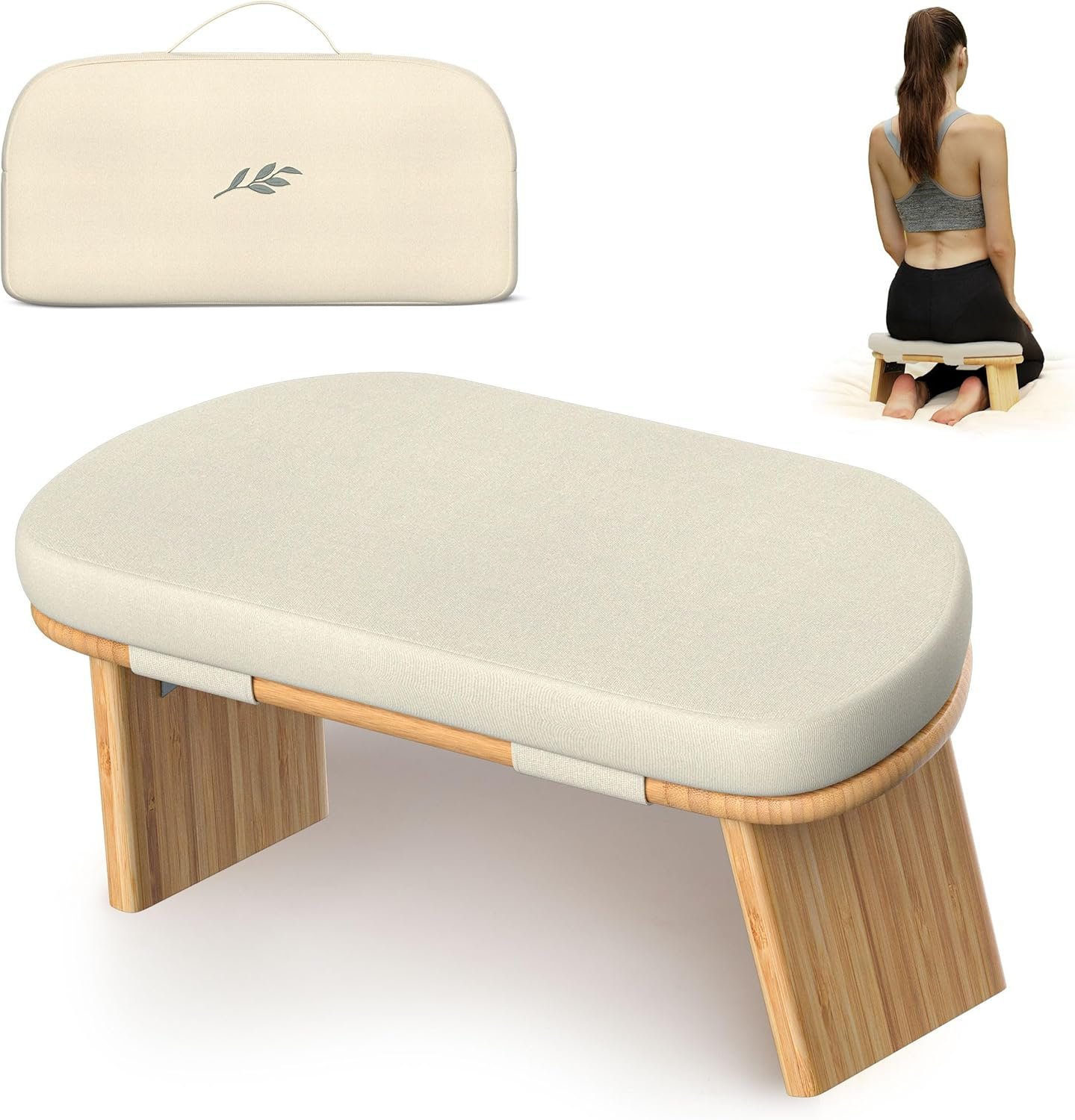 Meditation Chair w/ Extra Thick Cushion – Portable Bamboo Meditation Bench w/ Magnetic Locking Hinge – Anterior Tilt Seiza Bench Ideal for Comfortable & Stable Meditation – Sleek Canvas Kneeling Chair