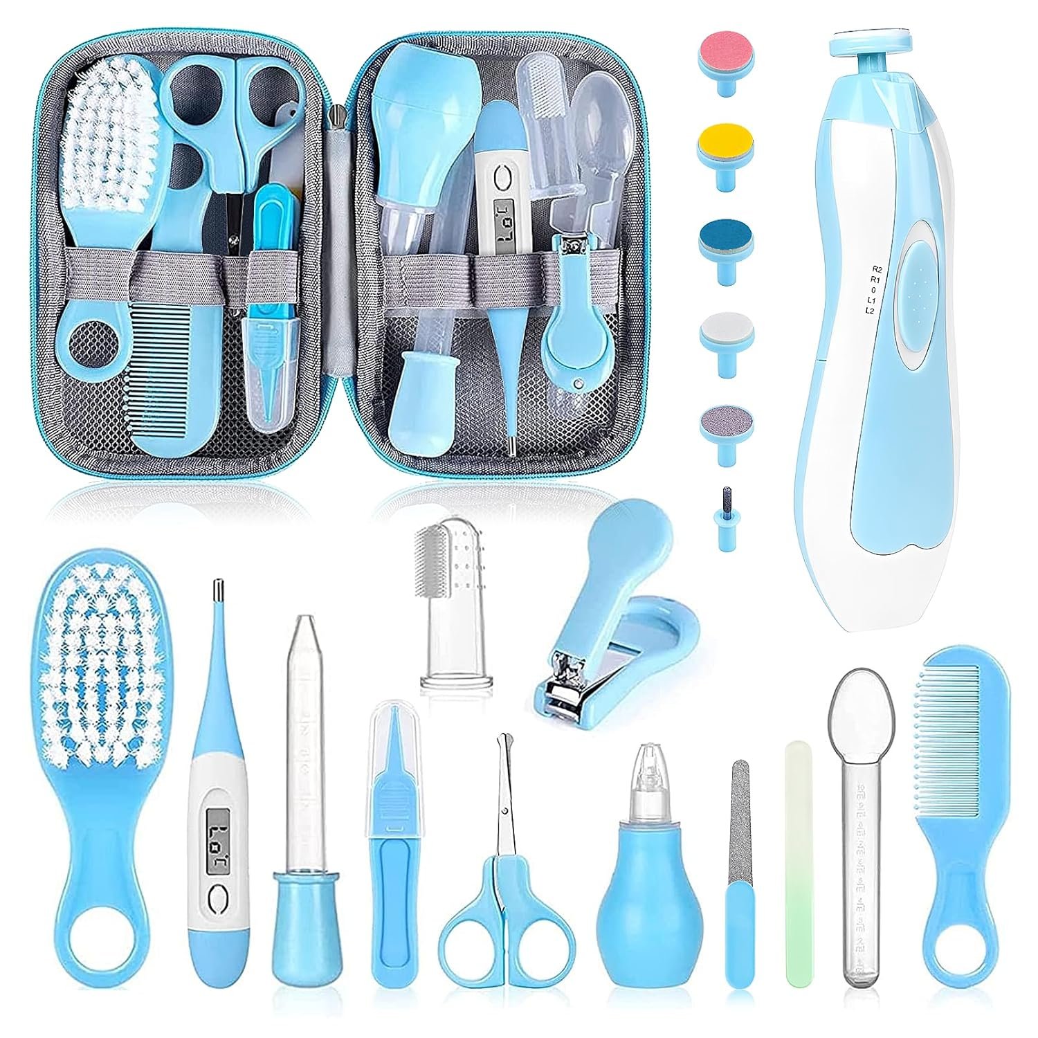 Baby Grooming Kit, Infant Safety Care Set with Hair Brush Comb Nail Clipper Nasal Aspirator,Baby Essentials Kit for Newborn Girls Boys (Blue-20 in 1)
