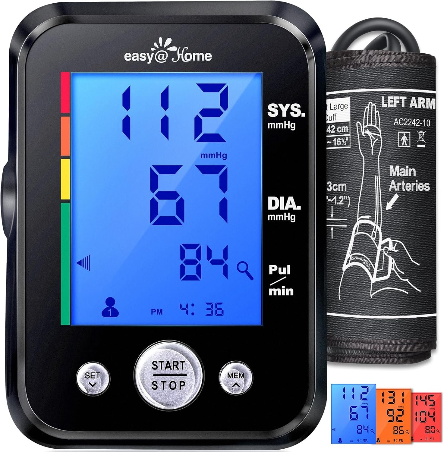 Easy@Home Blood Pressure Monitor: Accurate Cuff Automatic Blood Pressure Monitor with Free App MyHeartPal – 3 Color Backlit Display 8.7”-16.5” Large Cuff, Not Bluetooth EBP-095 Black