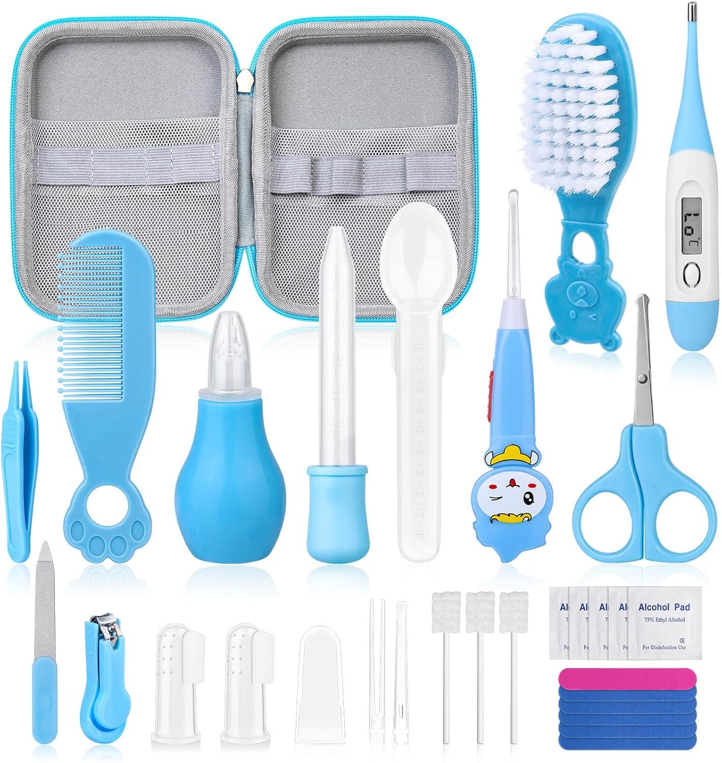 28Pcs Baby Healthcare and Grooming Kit modacraft Baby Safety Set with Hair Brush Lighting Ear Cleaner Nail Clippers Scale Measuring Spoon for Nursery Newborn Baby Girls Boys Kids Blue