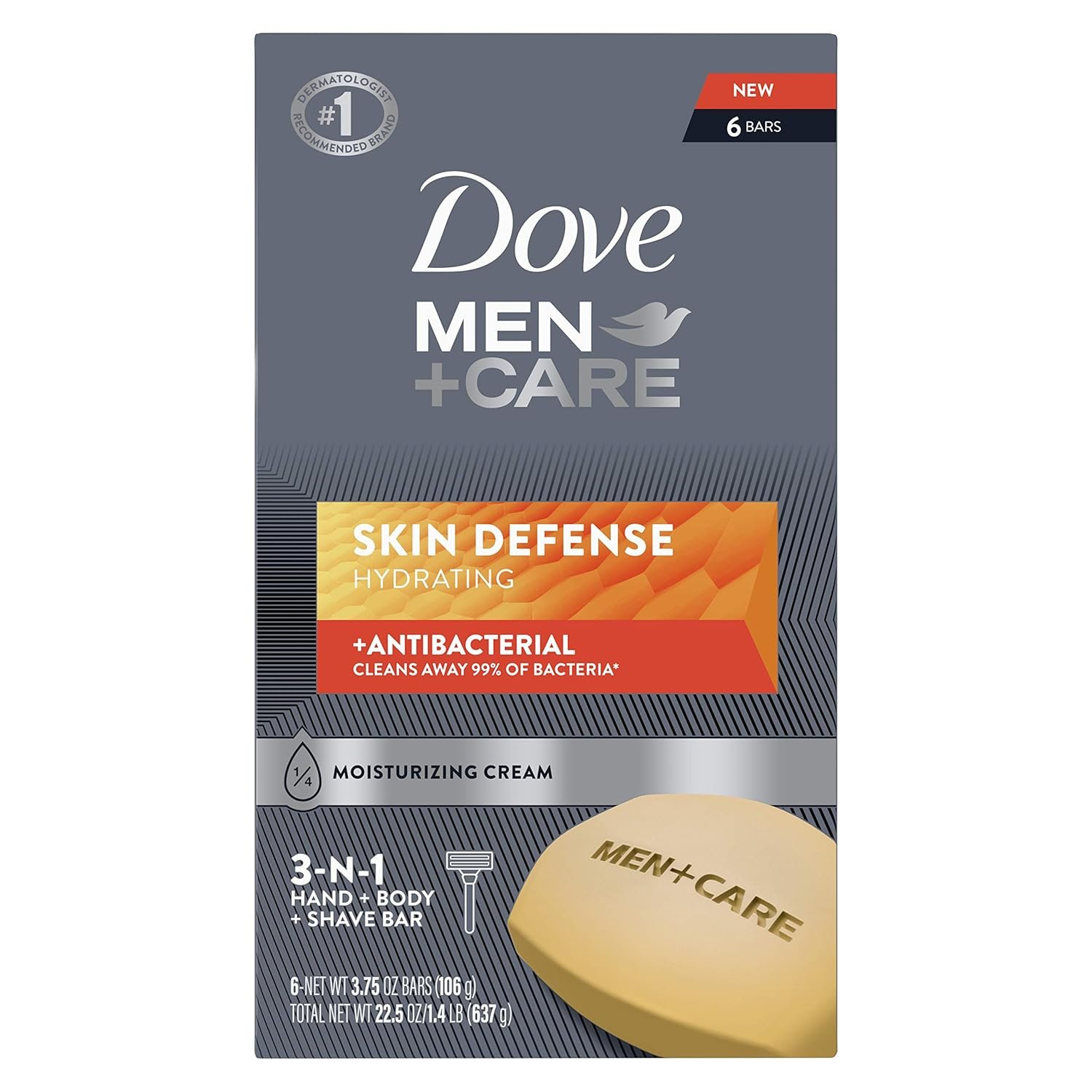 Dove Men+Care Soap Bar For Smooth, Hydrate & Nourishing the Skin – Defense Effectively Washes Away Bacteria, Cream, 3.75 Oz, 6 Count
