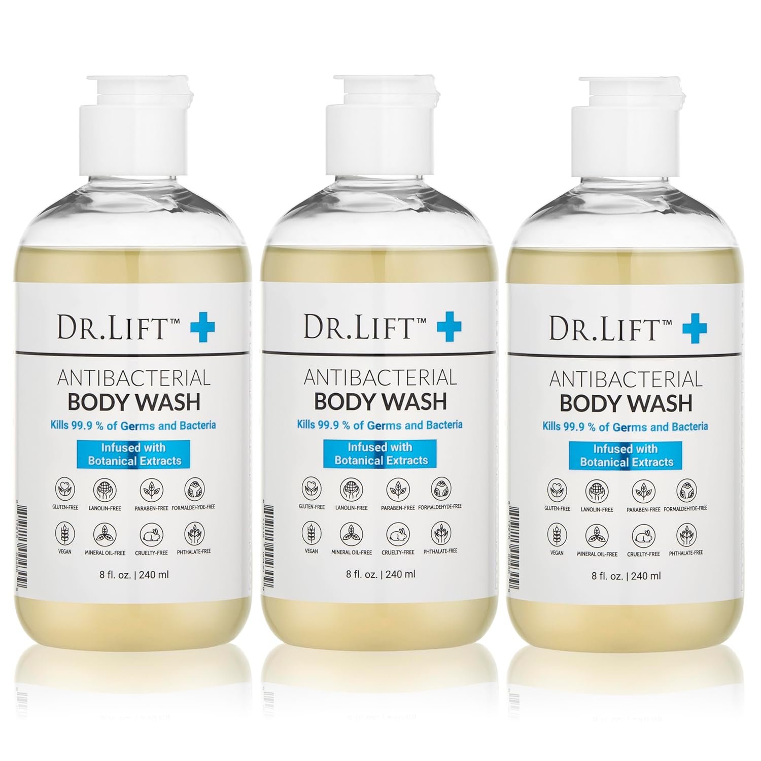 Antibacterial Body Wash, 8 oz (3-Pack) – Gentle & Effective Shower Gel – Made in America