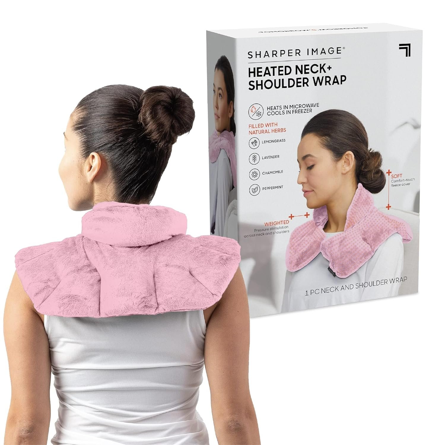 Sharper Image Heated Neck & Shoulder Wrap – Microwavable Warm & Cooling Plush Pad, Scented Aromatherapy (100% Natural Lavender & Herb Spa Blend), Pain Tension Headache Relief Therapy, Gift for Women