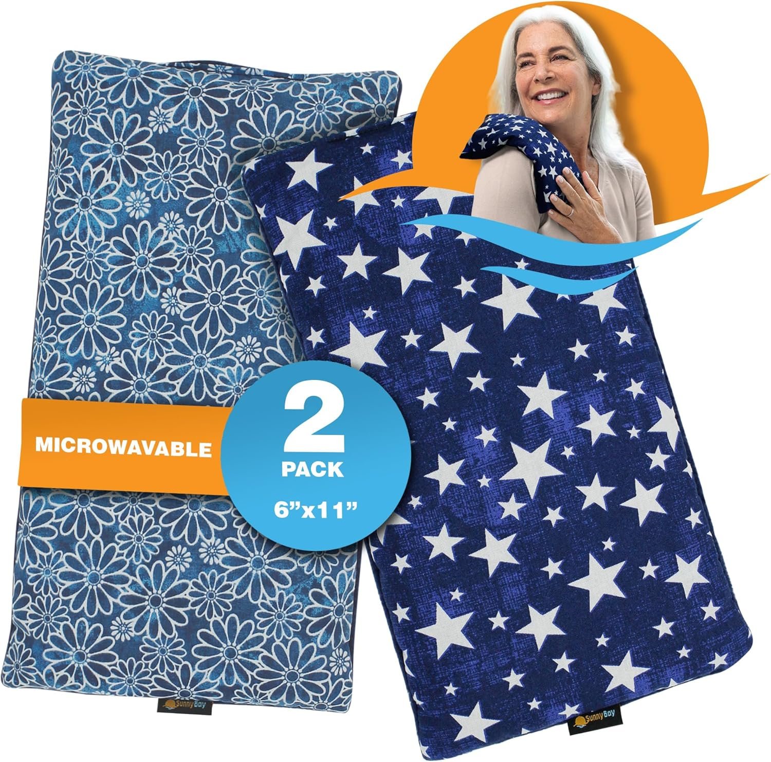 SunnyBay Small Microwave Heating Pad, Microwavable Versatile Cold/Heated Neck and Shoulder Wrap for Back Pain and More, Moist Heat Cotton-Fleece Pad, 6×11 Inches, Blue Star and Royal Flower, Pack of 2
