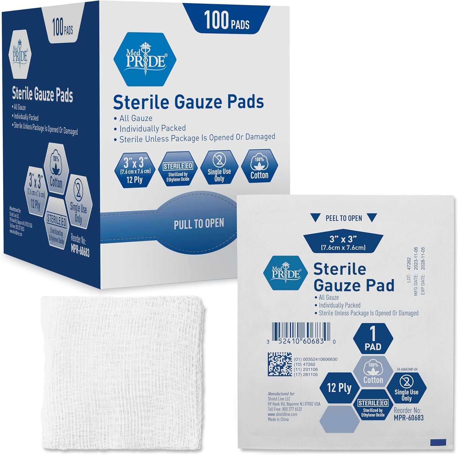 MED PRIDE Sterile Gauze Dressing Pads, 12 Ply Highly Absorbent Cotton, Individually Wrapped, Non Stick, Painless Removal (3×3 Inch (Pack of 100))