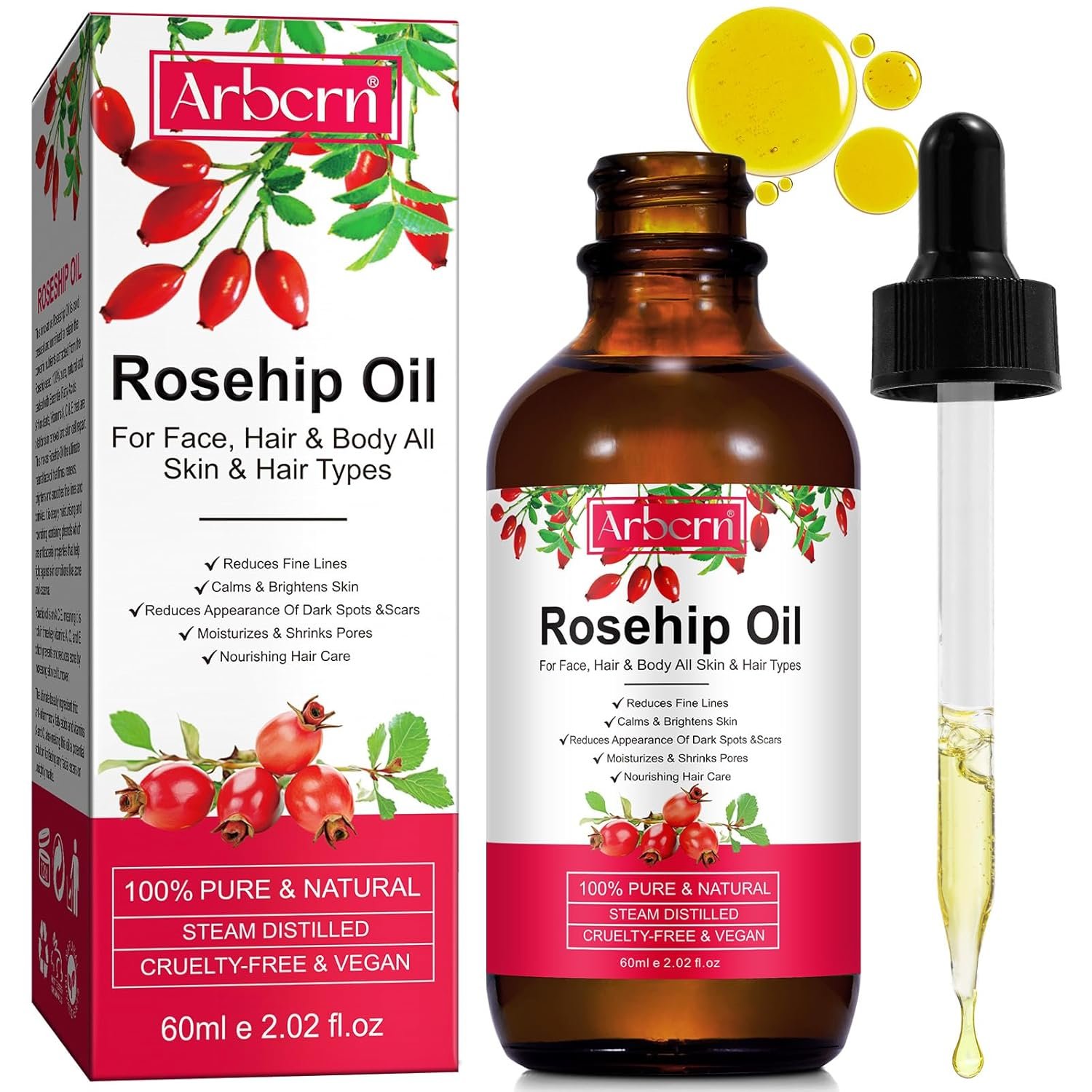 Rosehip Oil for Face,100% Pure Rosehip Seed Oil Cold Pressed Moisturizer for Hair, Skin & Nails 2 fl.oz