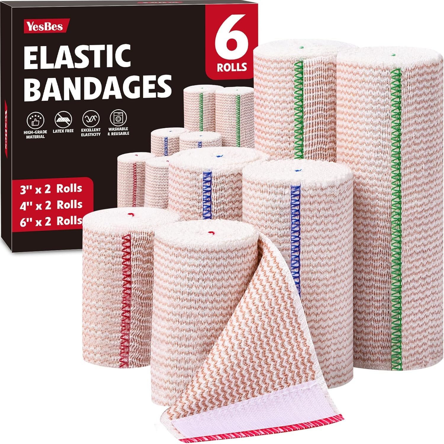 6 Pack Premium Elastic Bandage Wrap(2×3, 2×4, 2×6), Compression Bandage Wrap, Lymphedema Wraps for Legs, Ankle, Knee, Tummy