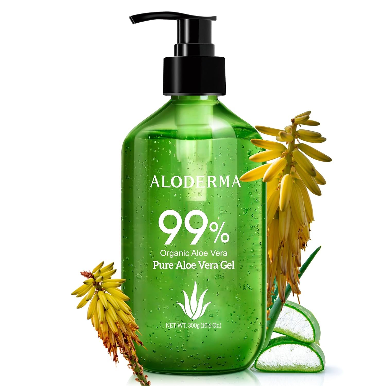Aloderma 99% Organic Aloe Vera Gel Made within 12 Hours of Harvest – Lightweight, Non-Sticky Aloe Gel for Face Body, Hair, & Scalp, After Sun Relief, Natural, Soothing Hydrating Aloe Gel, 10.6oz