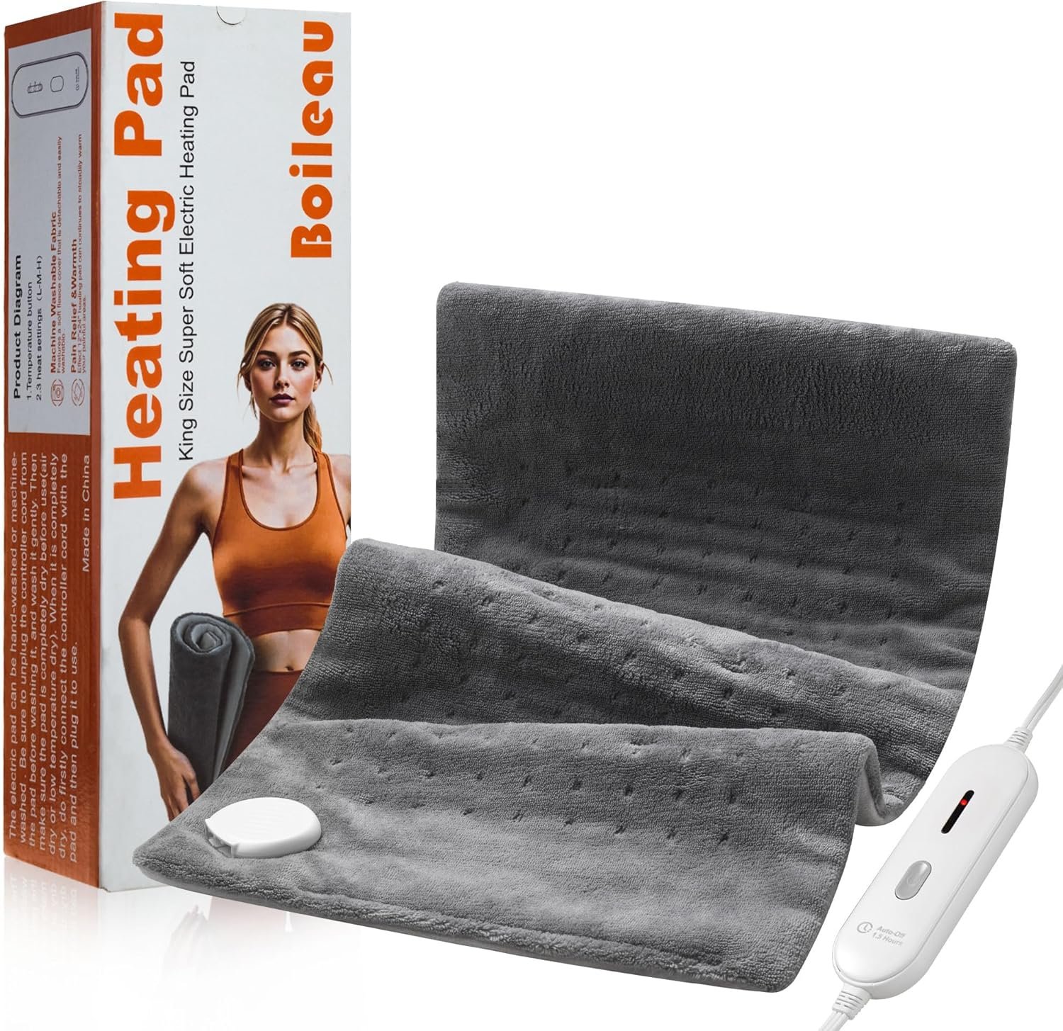 Boileau Electric Heating Pad for Back Pain Relief, 12″x24″ XL Large and 3 Heating Levels Heat Pad for Cramps, Auto Shut Off and Machine Washable, Gifts for Men and Women, Grey