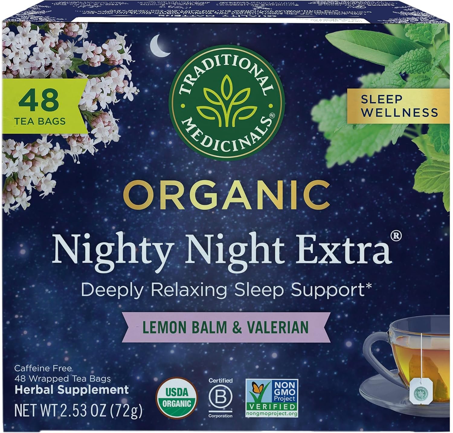 Traditional Medicinals Organic Nighty Night Extra Tea With Valerian Root for Relaxation, 48 Tea Bags