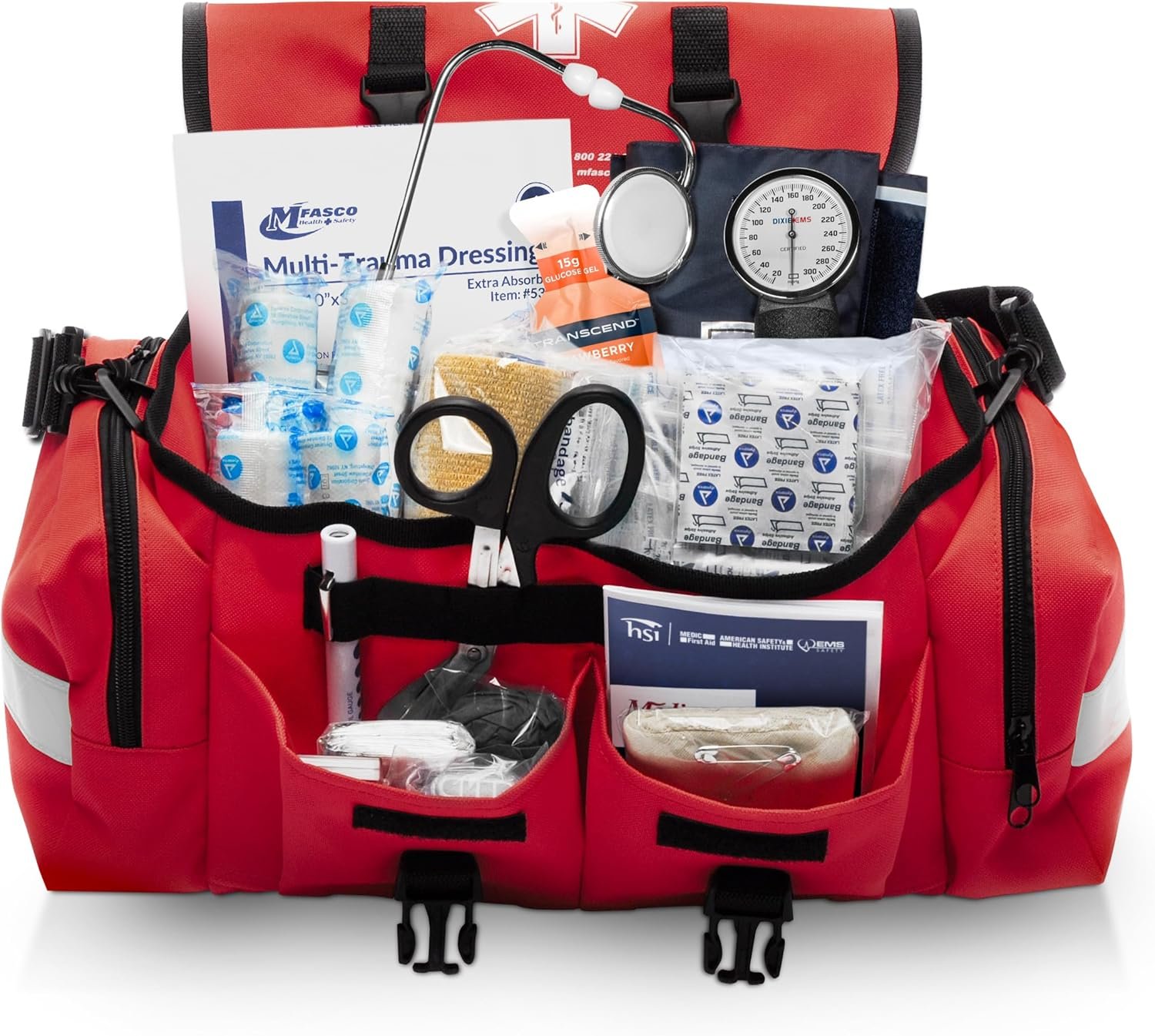 MFASCO First Aid Kit – Fully Stocked Portable Reflective Bag -First Responder Emergency Response Kit -for Natural Disaster Preparedness – Customizable Storage -Includes 415 Pcs First Aid Supplies- Red