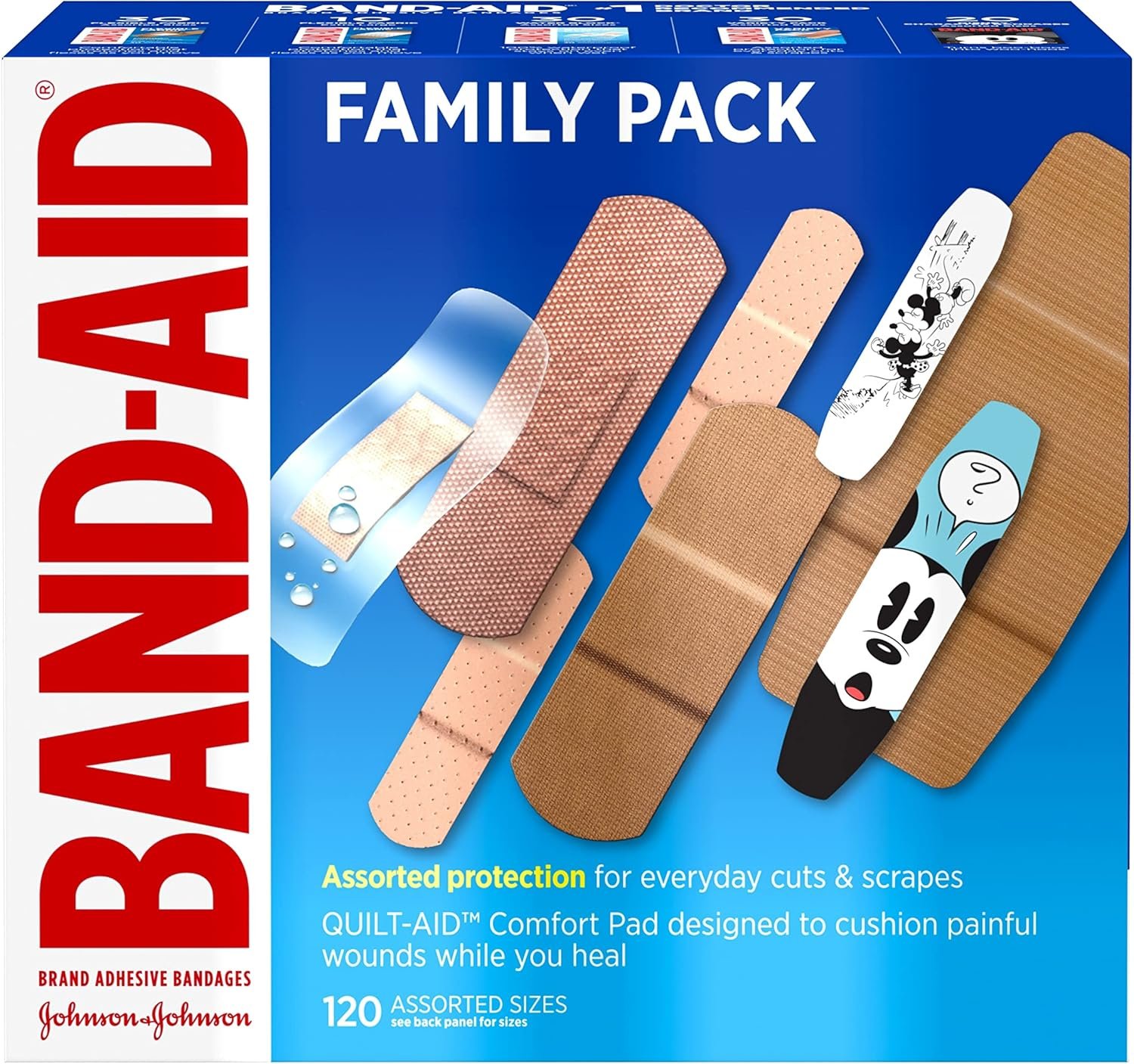 Band-Aid Brand Adhesive Bandage Family Variety Pack in Assorted Sizes Including Water Block, Sport Strip, Tough Strips, Flexible Fabric and Disney Bandages for First Aid and Wound Care, 120 ct