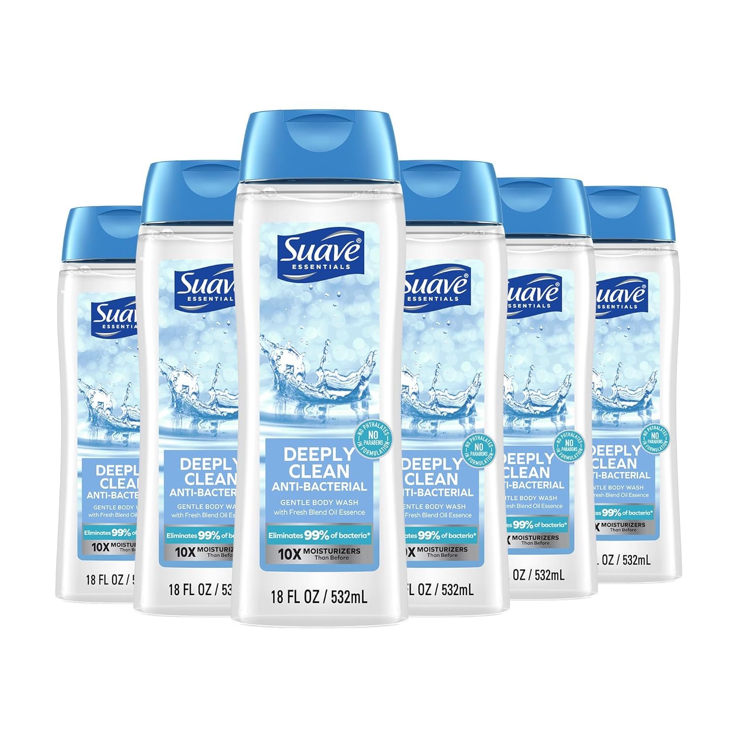 Suave Deeply Clean Antibacterial Body Wash with Glycerin & Vitamin E, Moisturizing Skin Cleanser For Soft, Smooth Skin, Long Lasting Scent, Paraben Free, 18 FL OZ, 6 Count
