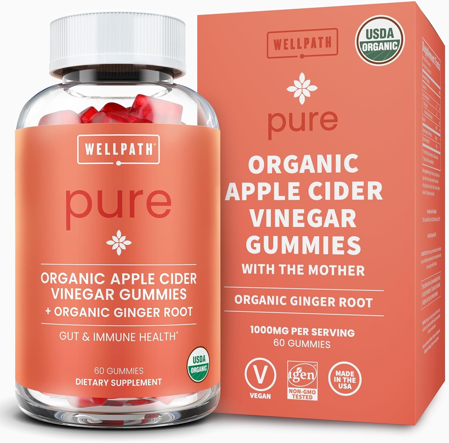 WellPath Organic Apple Cider Vinegar Gummies with The Mother – USDA Organic ACV Gummies – Ginger & Apple Cider Vinegar with Mother for Gut Health – Vegan, Non-GMO, 60 Ct