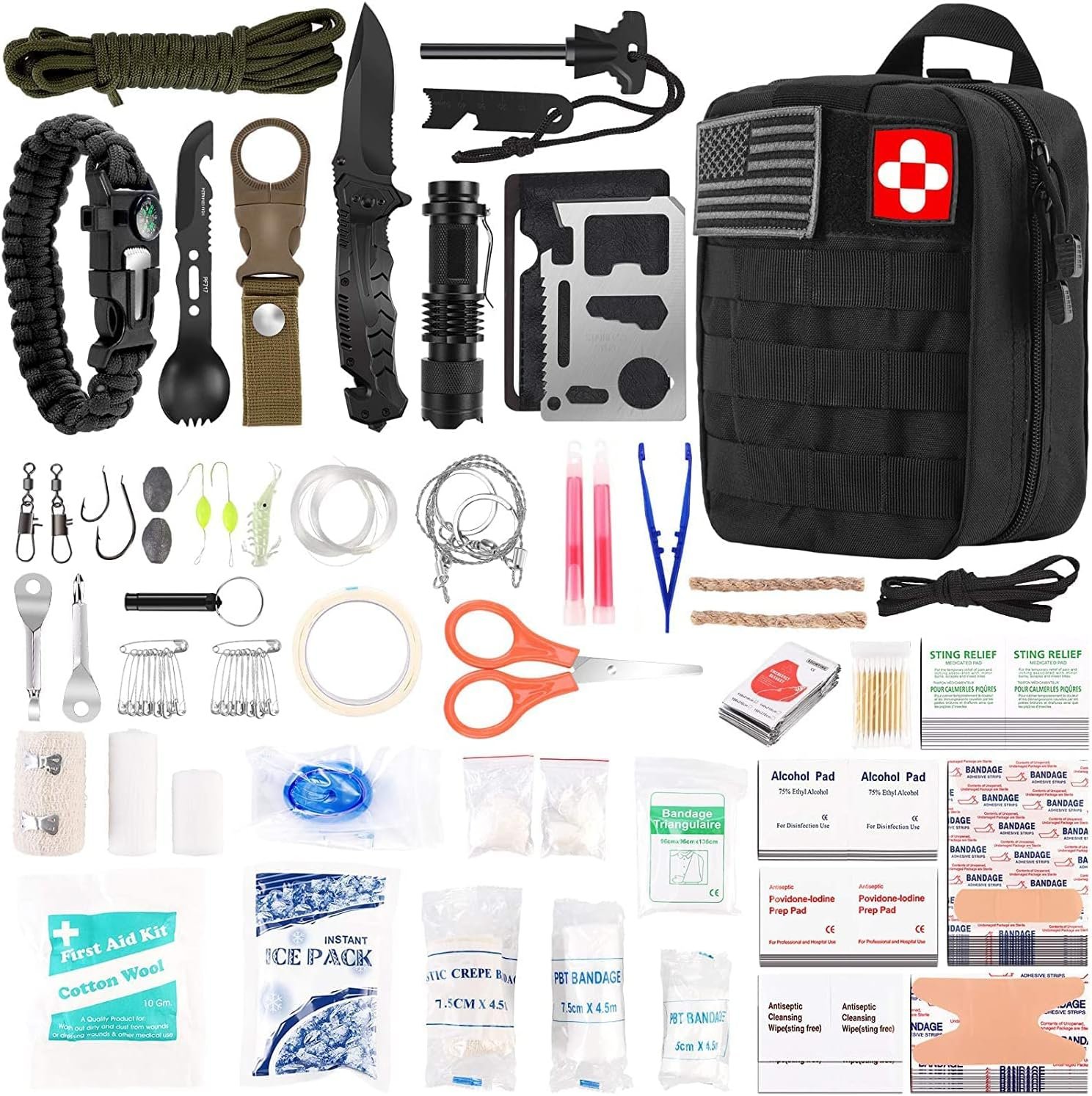 216 Pcs Survival First Aid Kits, Professional Survival Gear Equipment Tools First Aid Supplies kit for SOS Emergency Hiking Hunting Disaster Camping Adventures