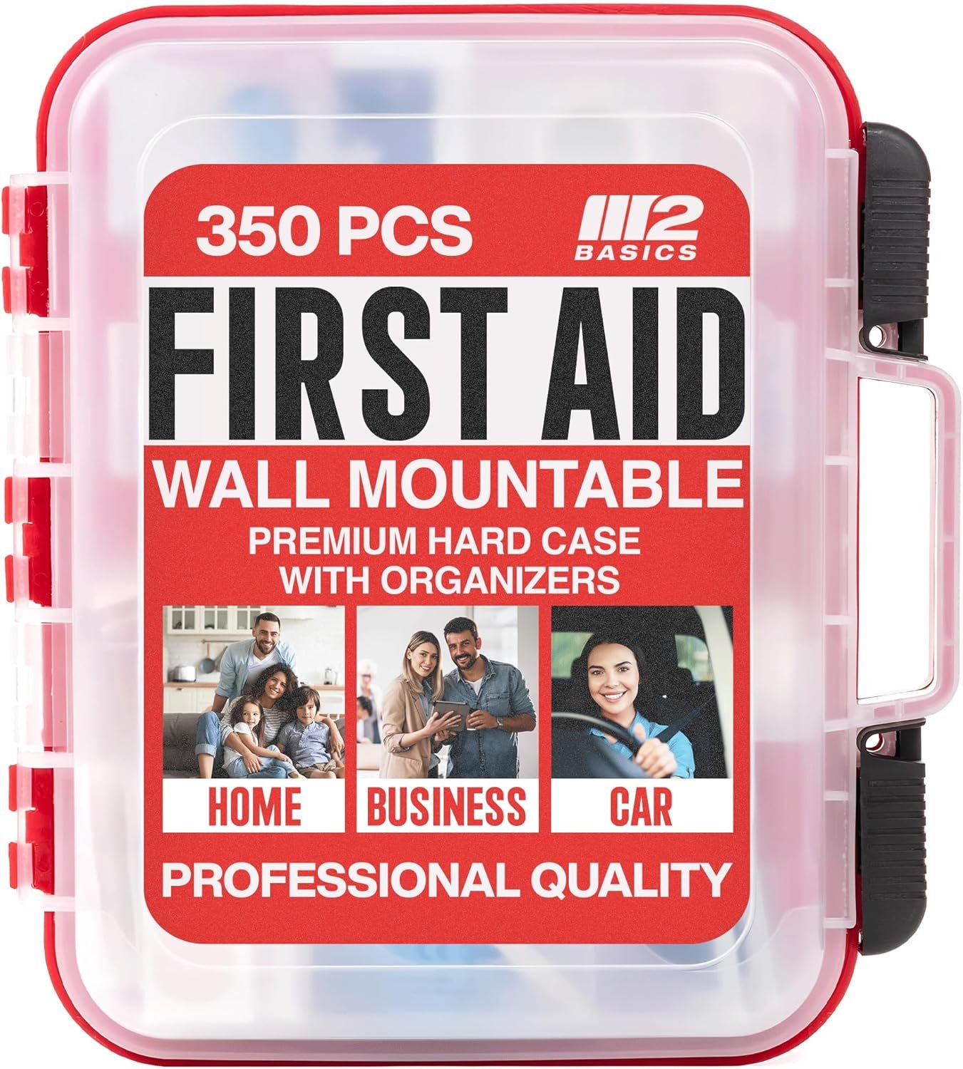 M2 BASICS Professional First Aid Kit, 350 Pieces, Wall Mountable with Dual Layer Organization for Home, Business, Car, Vehicle & Office