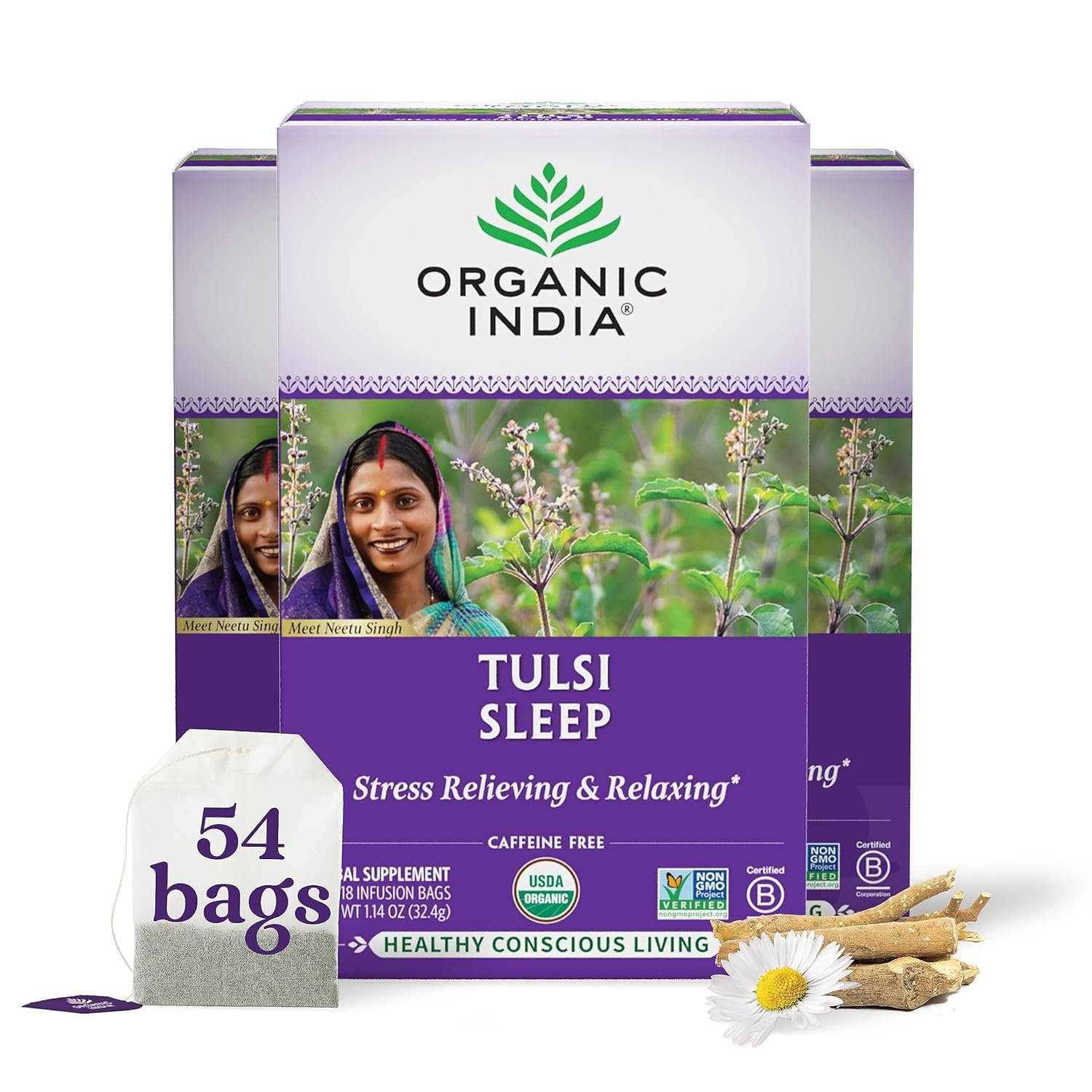 ORGANIC INDIA Tulsi Sleep Herbal Tea – Holy Basil, Ashwagandha, Chamomile, Night Time Tea for Bedtime, Stress Relieving & Relaxing, Immune Support, USDA Certified Organic – 18 Infusion Bags, 3 Pack