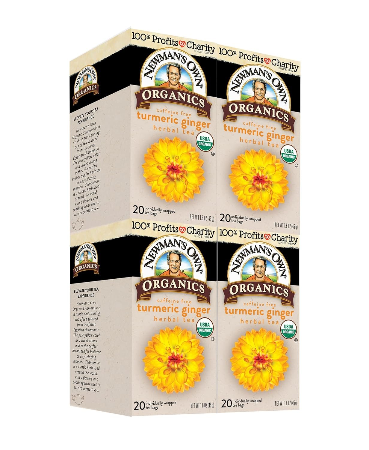 Newman’s Own Organic Turmeric Ginger Herbal Tea Caffeine-Free May Aid Digestion and Boost Immunity Turmeric Tea with20 Individually Wrapped Tea Bags Per Box (Pack of 4) USDA Certified