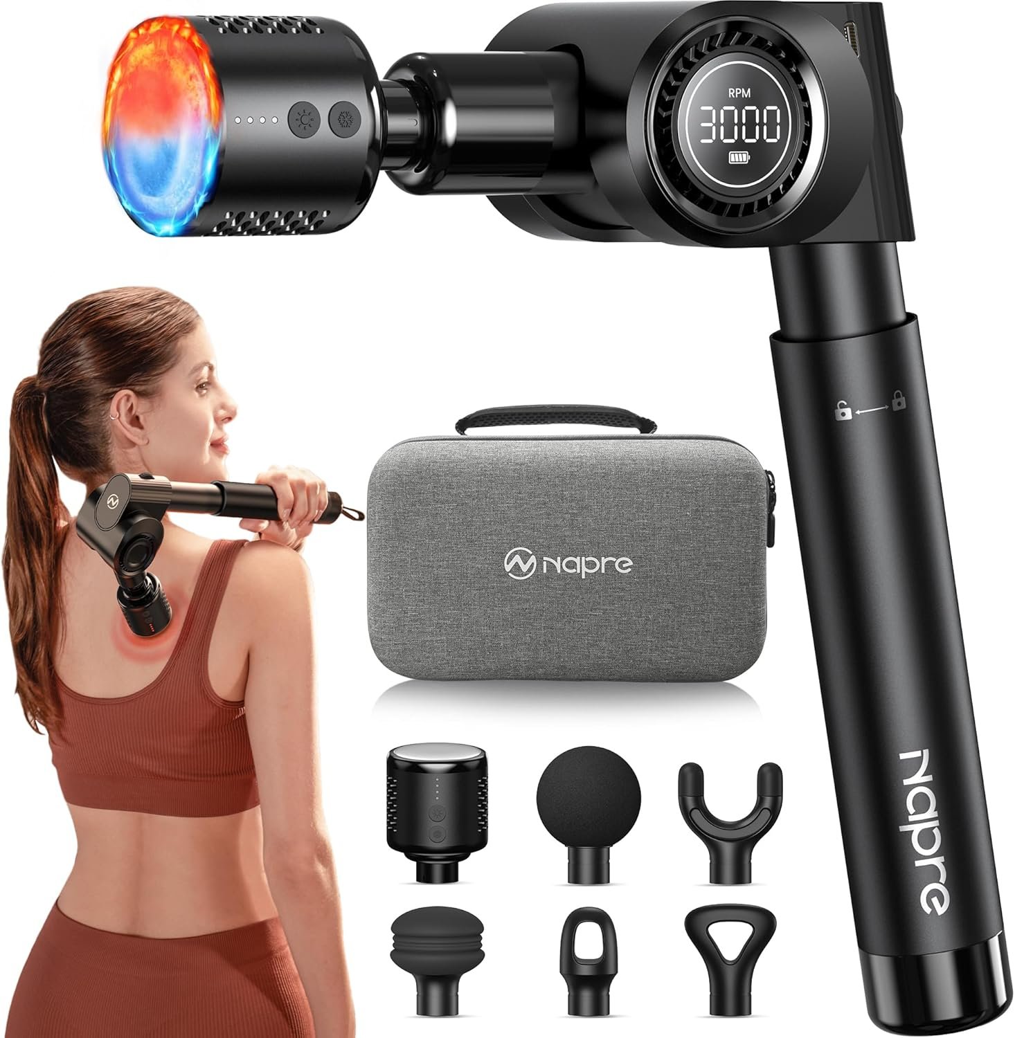 NAPRE Massage Gun with Heat and Cold Head,Deep Tissue Percussion Back Massager for Muscle/Neck/Body Pain Relief with Long Extension Handle,32-Speeds,Foldable,5 Adjustable Angles,Valentine’s Day Gifts