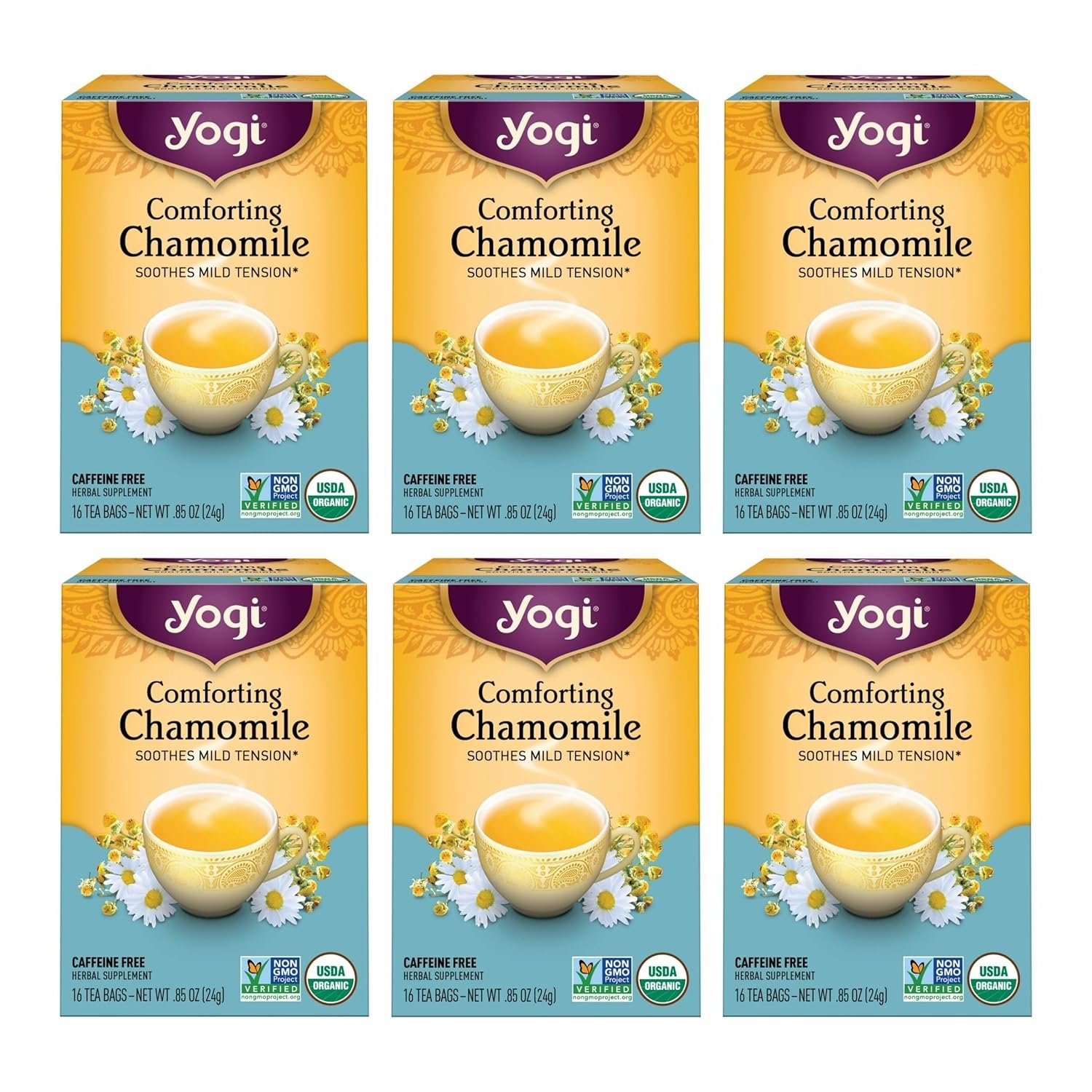 Yogi Tea Comforting Chamomile Tea – 16 Tea Bags per Pack (6 Packs) – Organic Chamomile Tea Bags – Supports a Good Night’s Sleep & Occasional Stomach Discomfort – Made from Organic Chamomile Flower