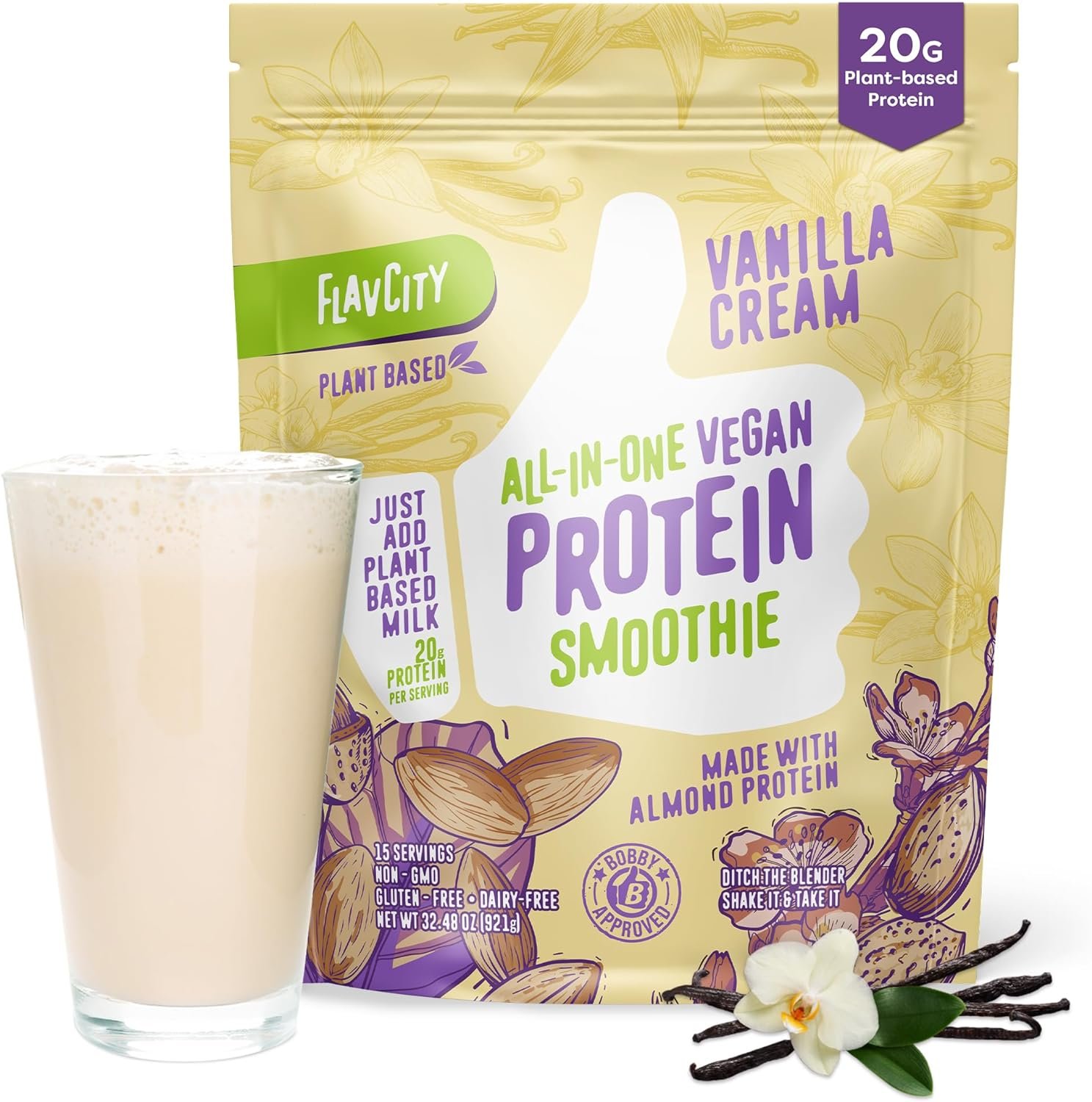 FlavCity Vegan Protein Powder – Vanilla Smoothie – 20g Almond, Plant Based Protein Powder – Dairy-Free Shake – with Organic Fruit, Reishi & Cordecyps Mushrooms – No Blender Needed (15 Servings)