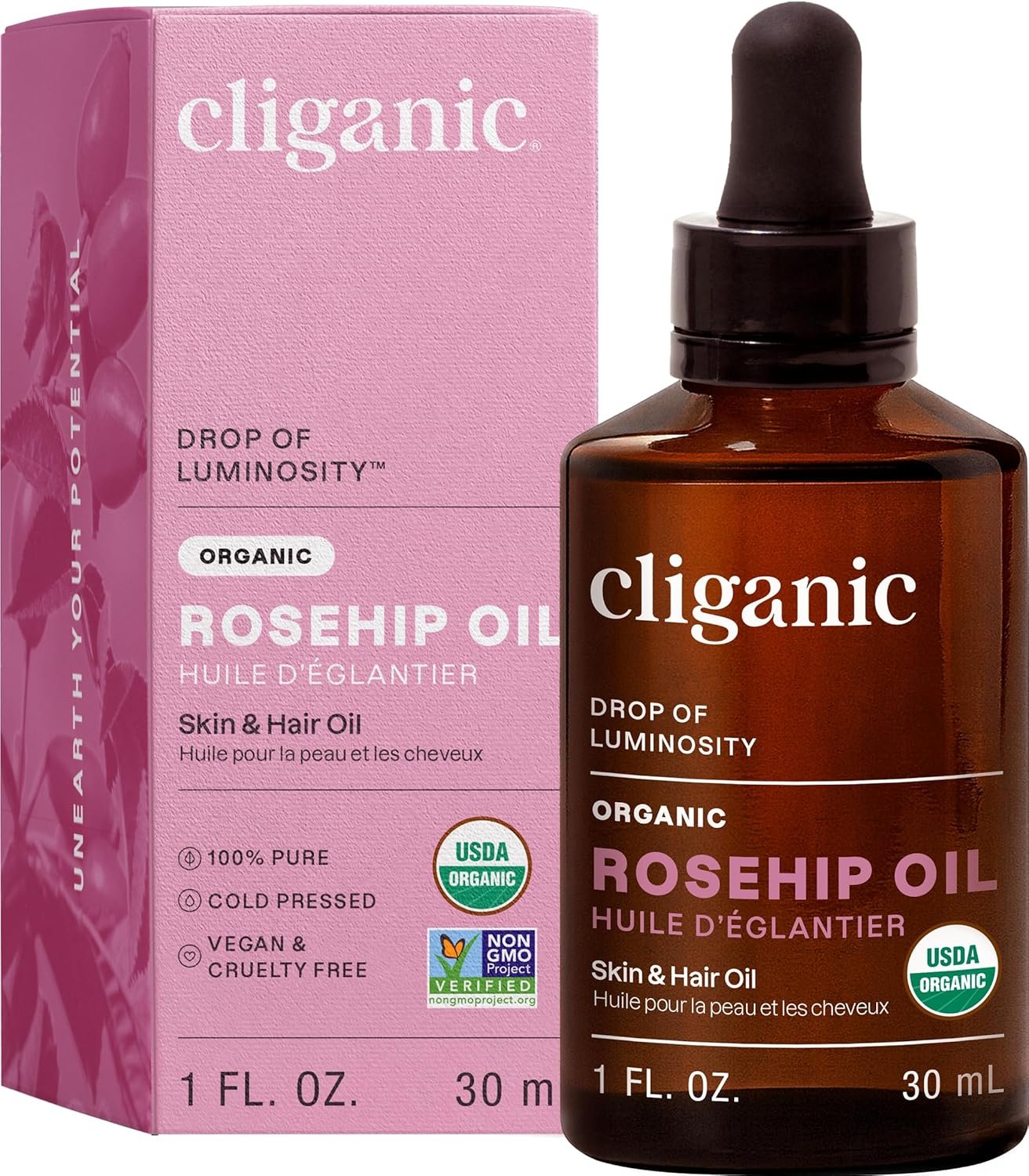 Cliganic Organic Rosehip Seed Oil for Face, 100% Pure | Natural Cold Pressed Unrefined Non-GMO | Carrier Oil for Skin, Hair & Nails