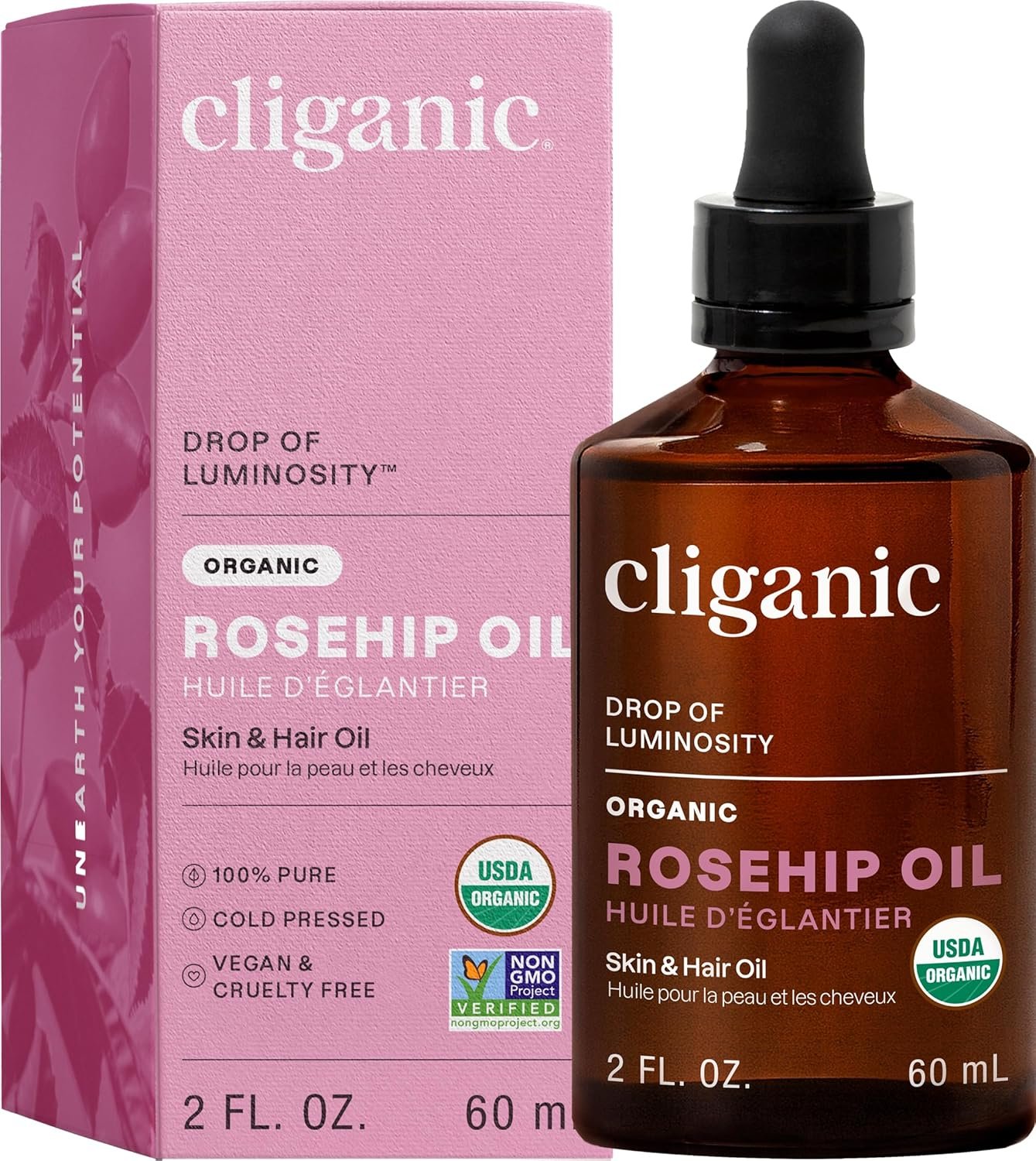 Cliganic Organic Rosehip Seed Oil for Face, 100% Pure | Natural Cold Pressed Unrefined Non-GMO | Carrier Oil for Skin, Hair & Nails (Packaging May Vary)