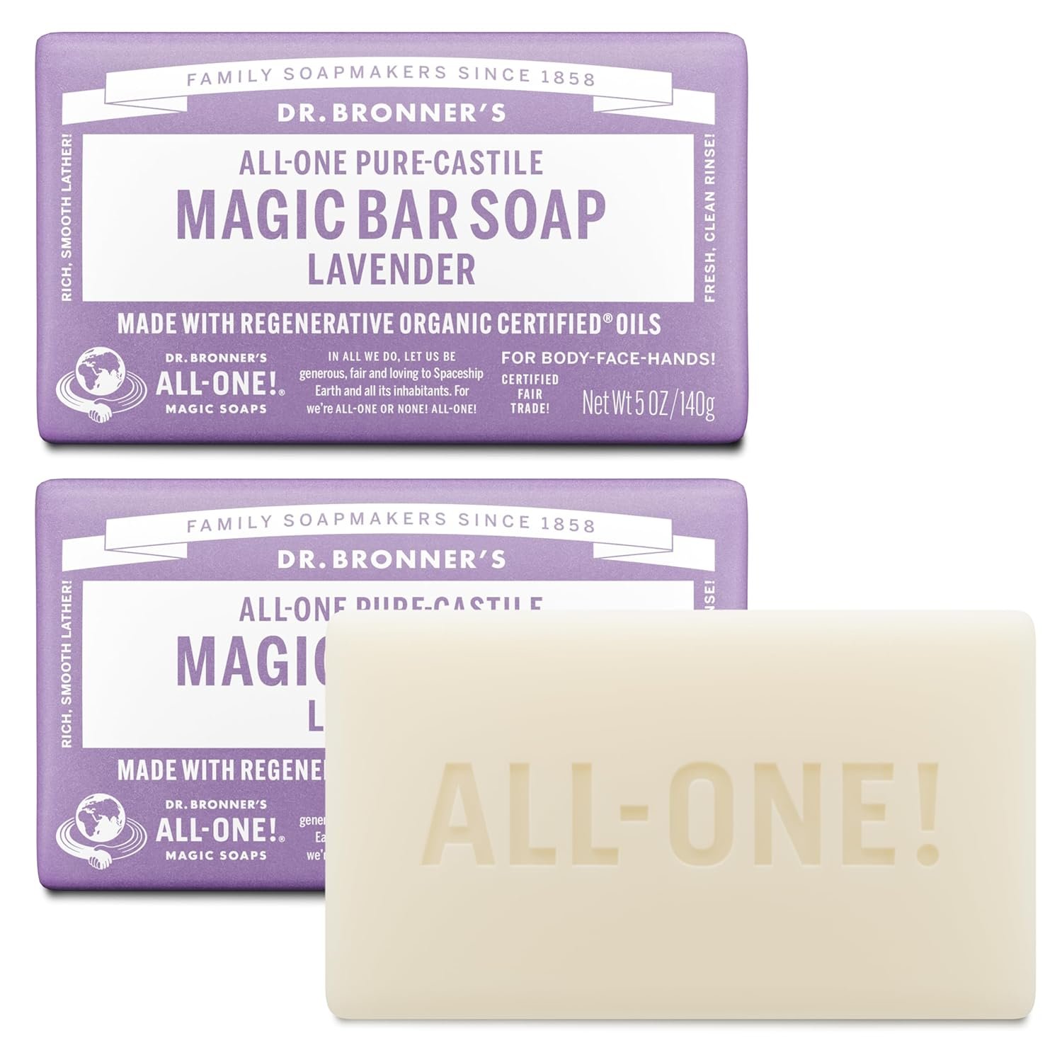 Dr. Bronner’s Pure-Castile Magic Bar Soap – Made with Regenerative Organic Certified Oils – For Face, Body, Hair- Gentle on Sensitive Skin – Vegan Soap Bars for Men & Women – Lavender, 2 Pack, 5oz