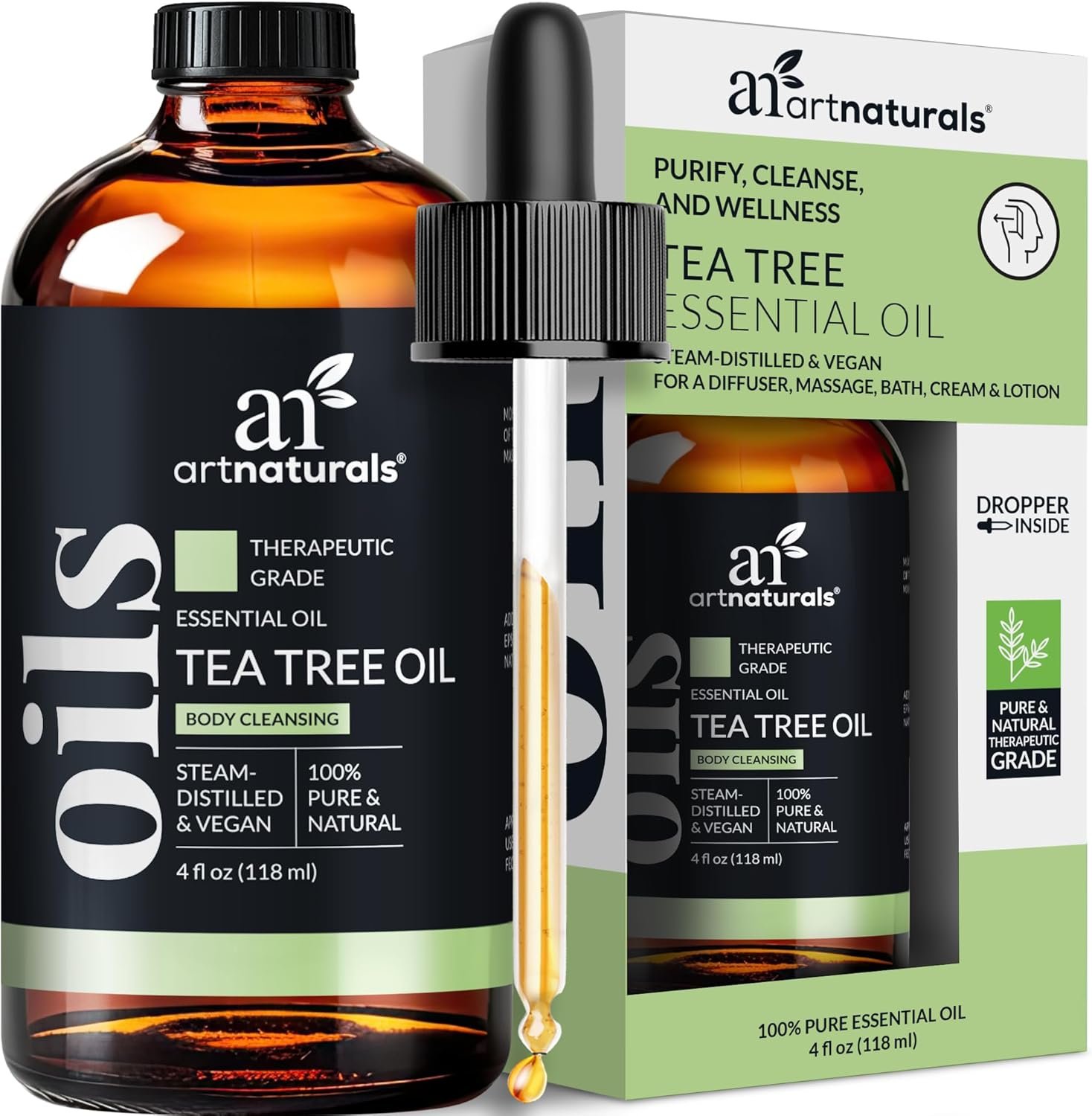 artnaturals Tea Tree Essential Oil (4.0 Fl Oz / 118ml)- 100% Pure Oils Premium Melaleuca Therapeutic Grade Best for Acne, Skin, Hair, Nails, Face and Body Wash Aromatherapy & Diffuser
