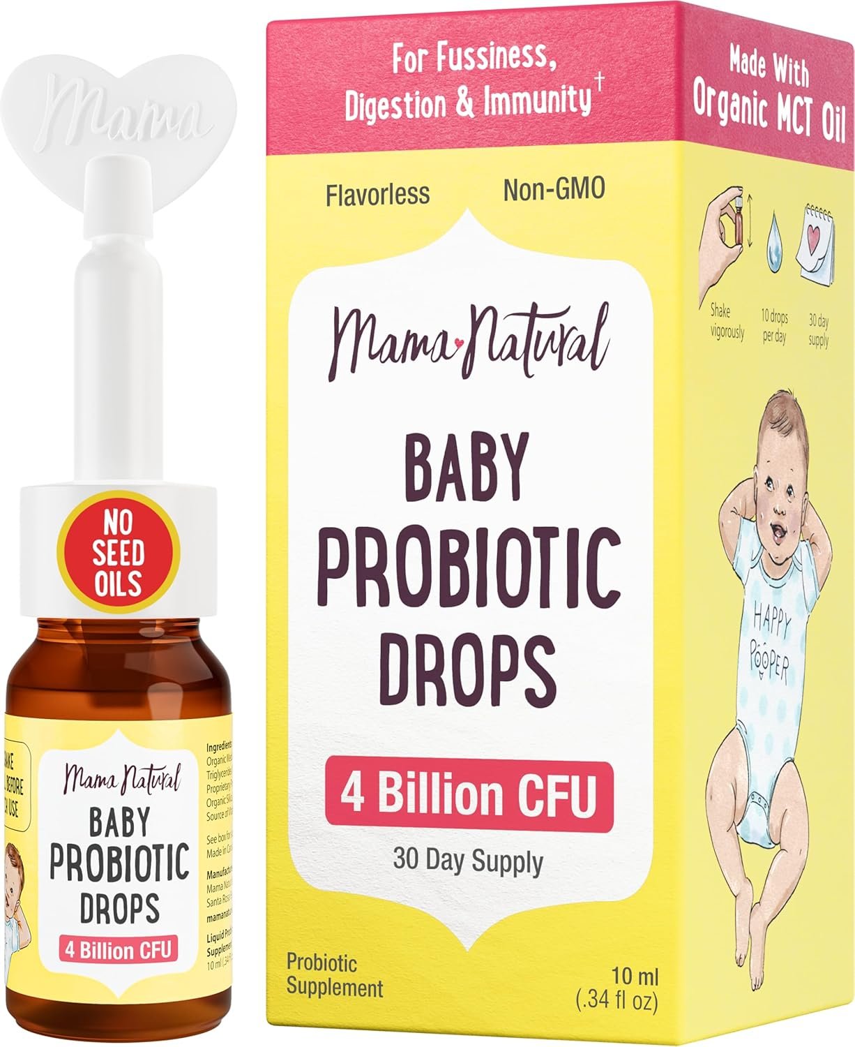 Mama Natural Baby Probiotic Drops | Pediatrician-Approved Infant Probiotic Colic Drops – Infant Gas, Constipation, Fussiness & Immune Support Supplement – 10 Strains & 4 Billion CFU with MCT Oil
