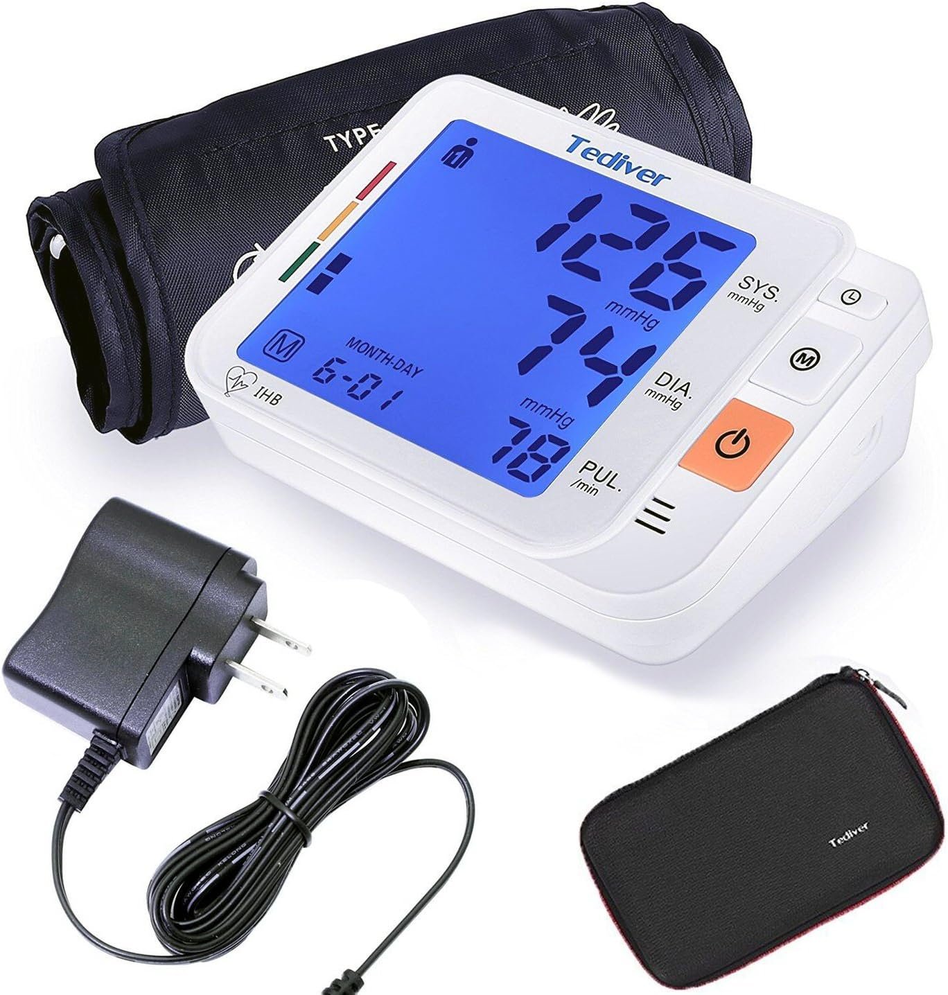 Digital Blood Pressure Monitor, Large Cuff 0.7-1.3 Feet, Electric Upper Arm Blood Pressure Machine with Electric Powered Charger and Device Case, Backlight LCD Screen, 2 Year Warranty